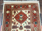 Turkish Runner Rug 2.4 x 8, Kazak Geometric Heriz Pattern, Beige Red