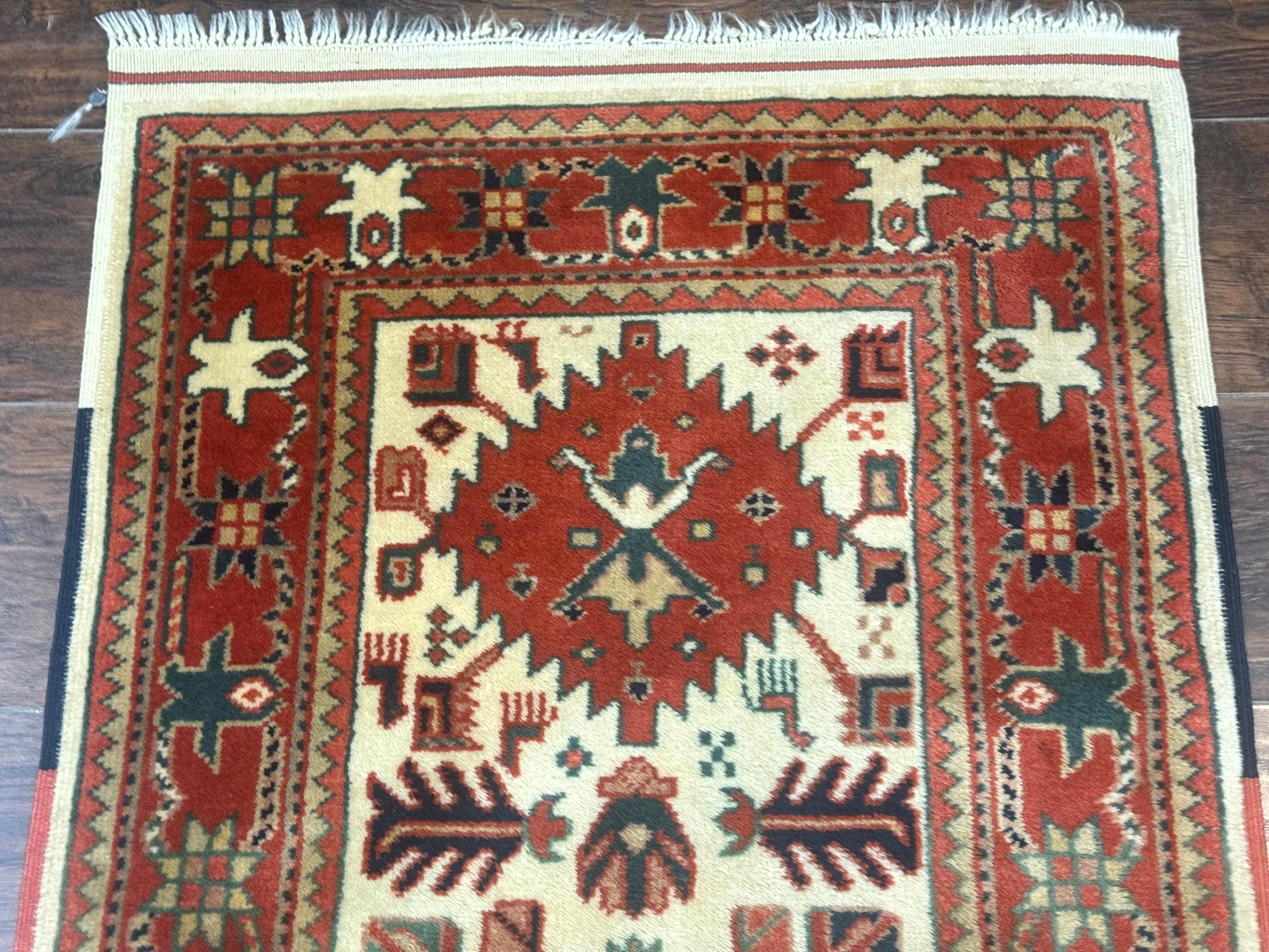 Turkish Runner Rug 2.4 x 8, Kazak Geometric Heriz Pattern, Beige Red