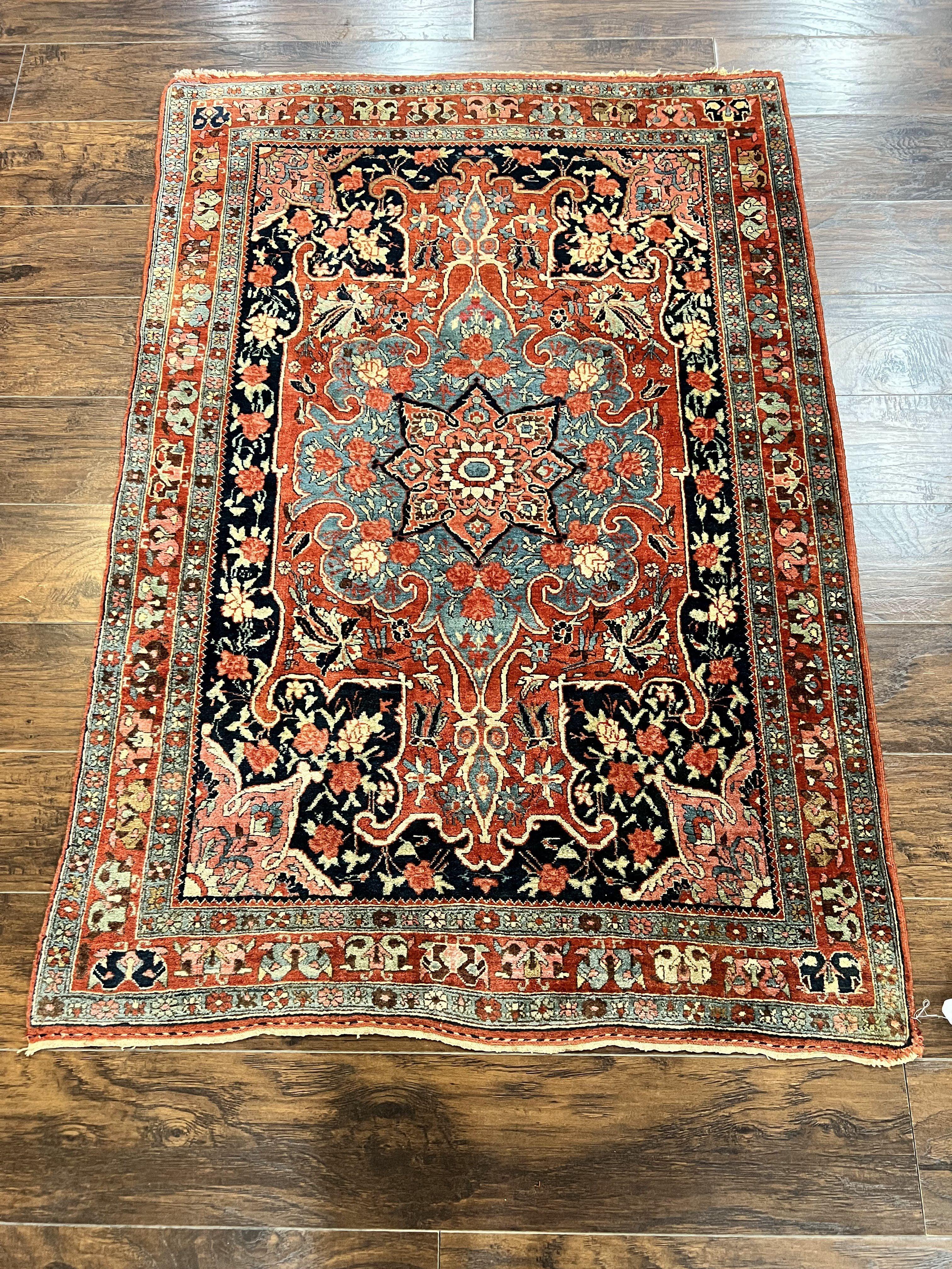 Antique Persian Bidjar Rug 4x5, Red and Blue, Hand Knotted Wool Carpet