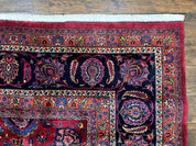 Palace Size Persian Mashad Rug 12x16, Raspberry and Navy Blue, Signature from Master Weaver, Antique Handmade Large Wool Carpet