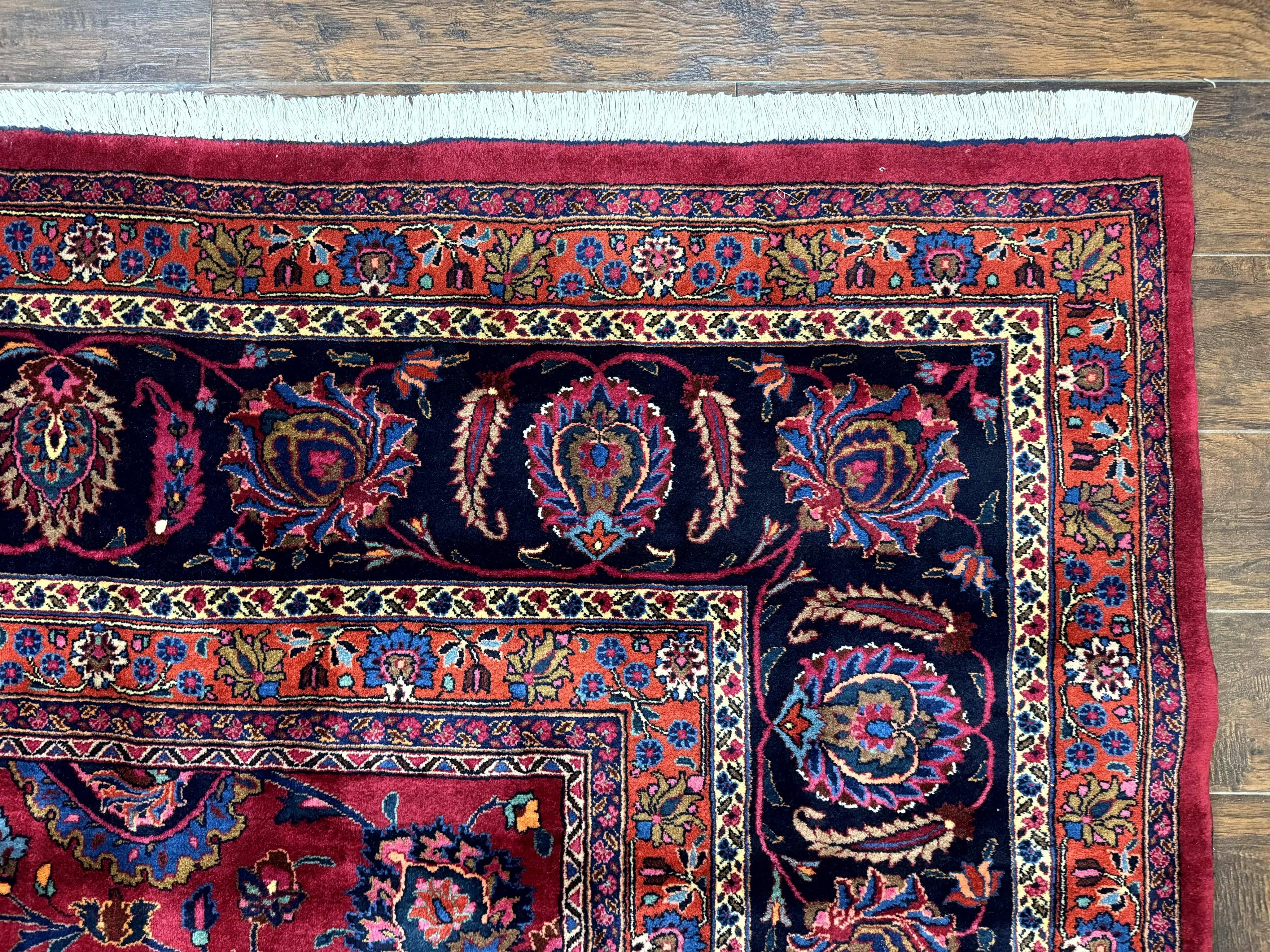 Palace Size Persian Mashad Rug 12x16, Raspberry and Navy Blue, Signature from Master Weaver, Antique Handmade Large Wool Carpet