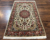 Fine Persian Tabriz Rug 3x5, Floral Medallion, 340 KPSI, Ivory Salmon