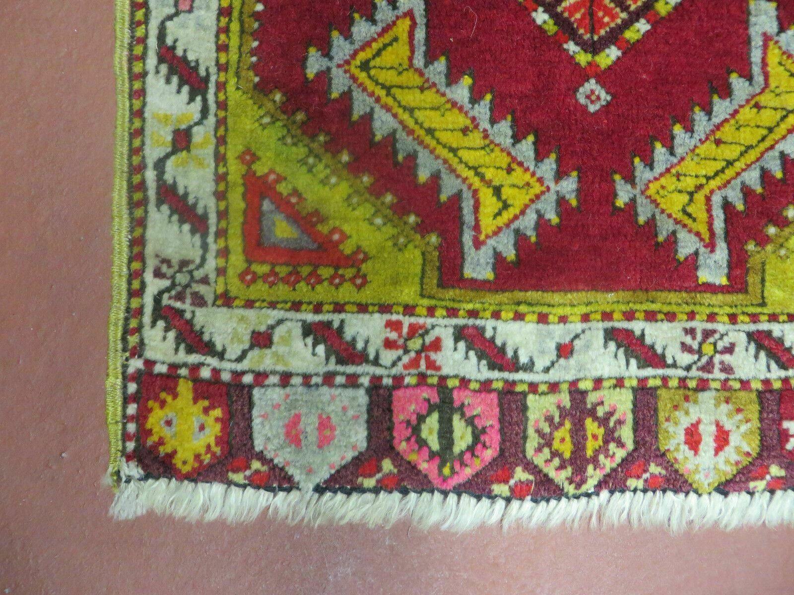 Antique Turkish Yastik Rug 2x3, Handmade Wool Oushak Small Oriental Carpet Red