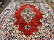 Persian Sarouk Rug 11x14, Semi Open Field, Large Antique Persian Wool Handmade Carpet, Red and Dark Blue, Floral