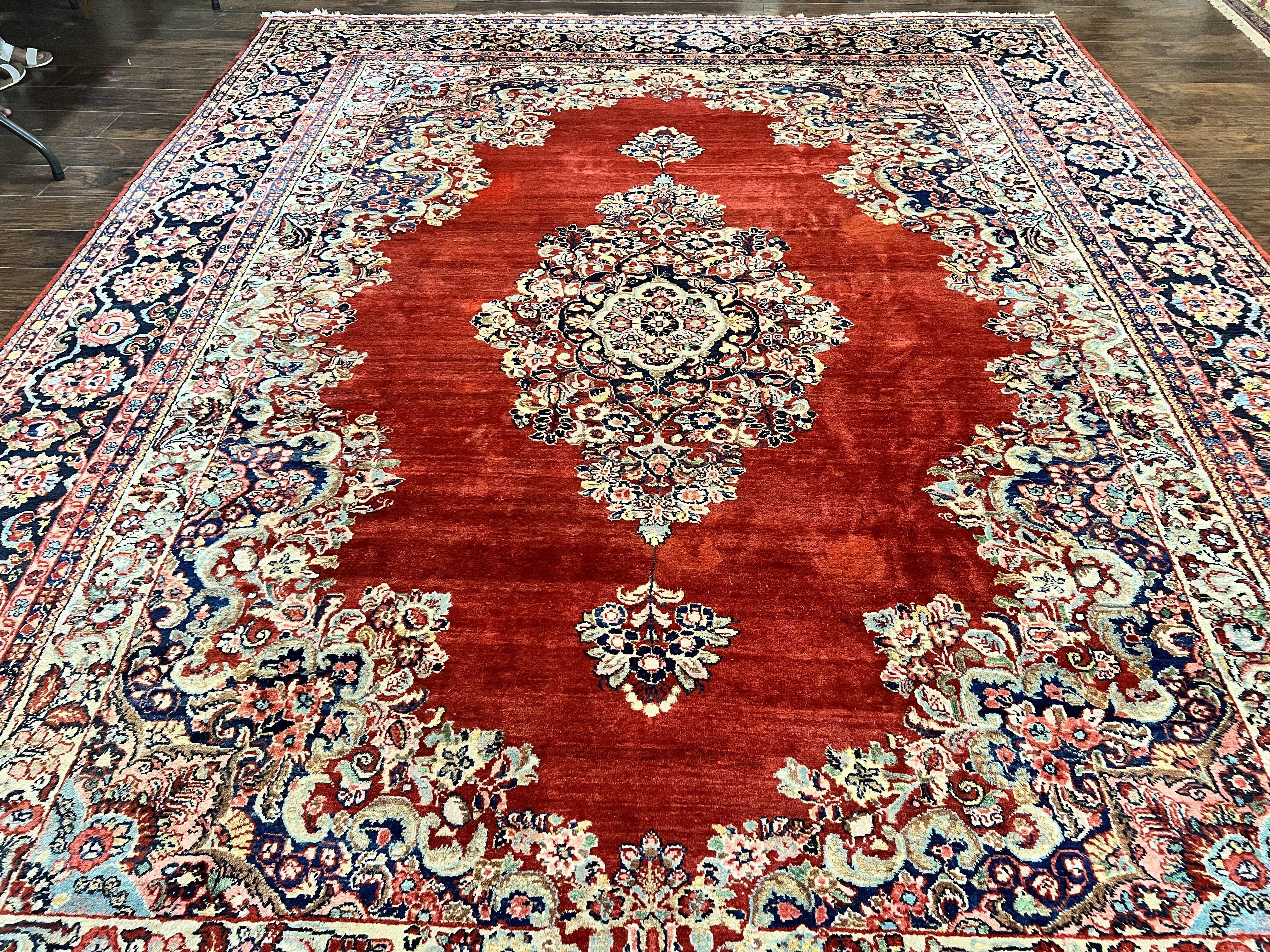 Persian Sarouk Rug 11x14, Semi Open Field, Large Antique Persian Wool Handmade Carpet, Red and Dark Blue, Floral