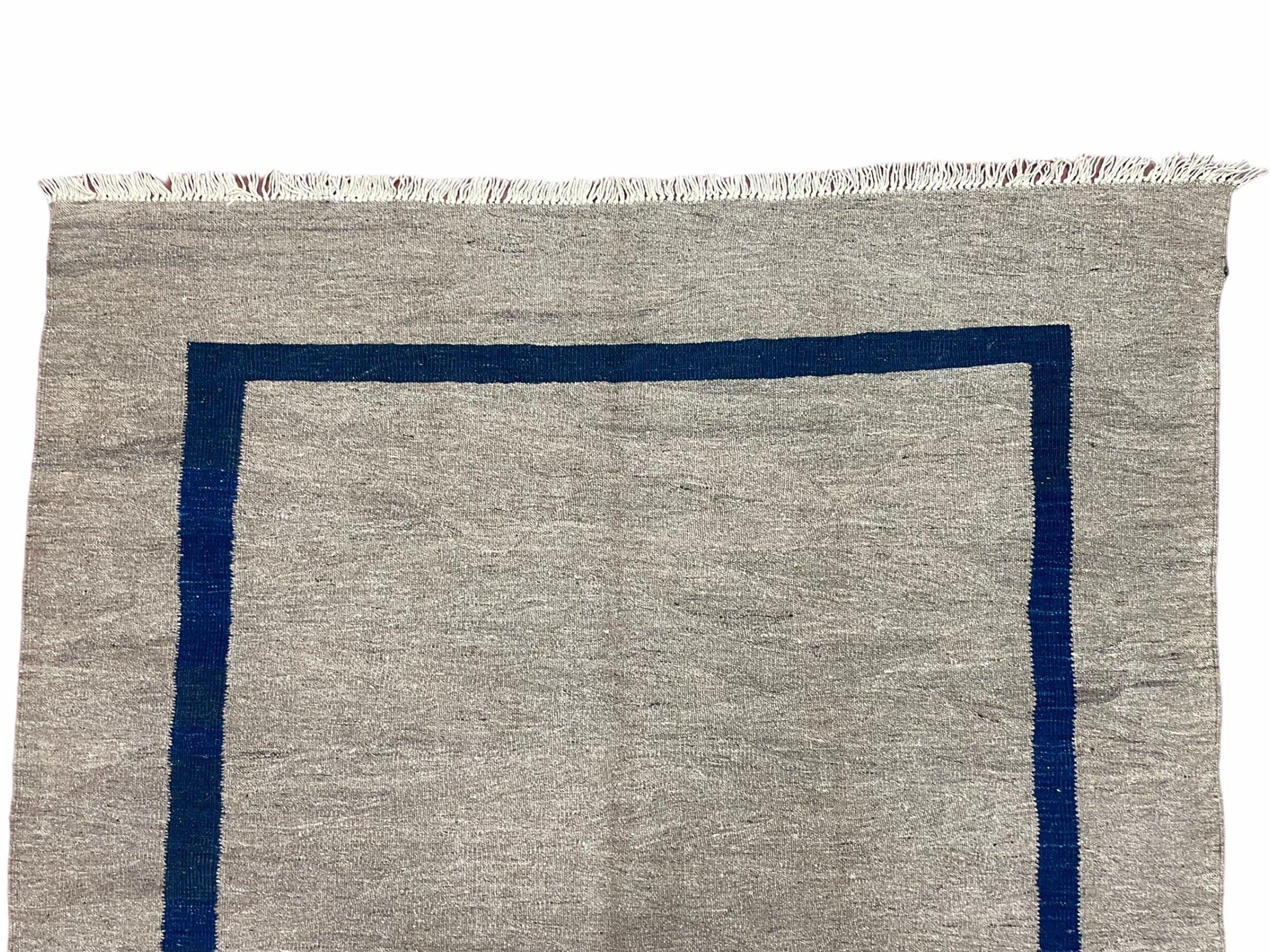 Geometric Turkish Kilim Rug 5' 7" x 7' 9", Flatweave Carpet, Minimal Design, Anatolian Carpet, Gray, Geometric, Dark Blue, Hand-Knotted, New