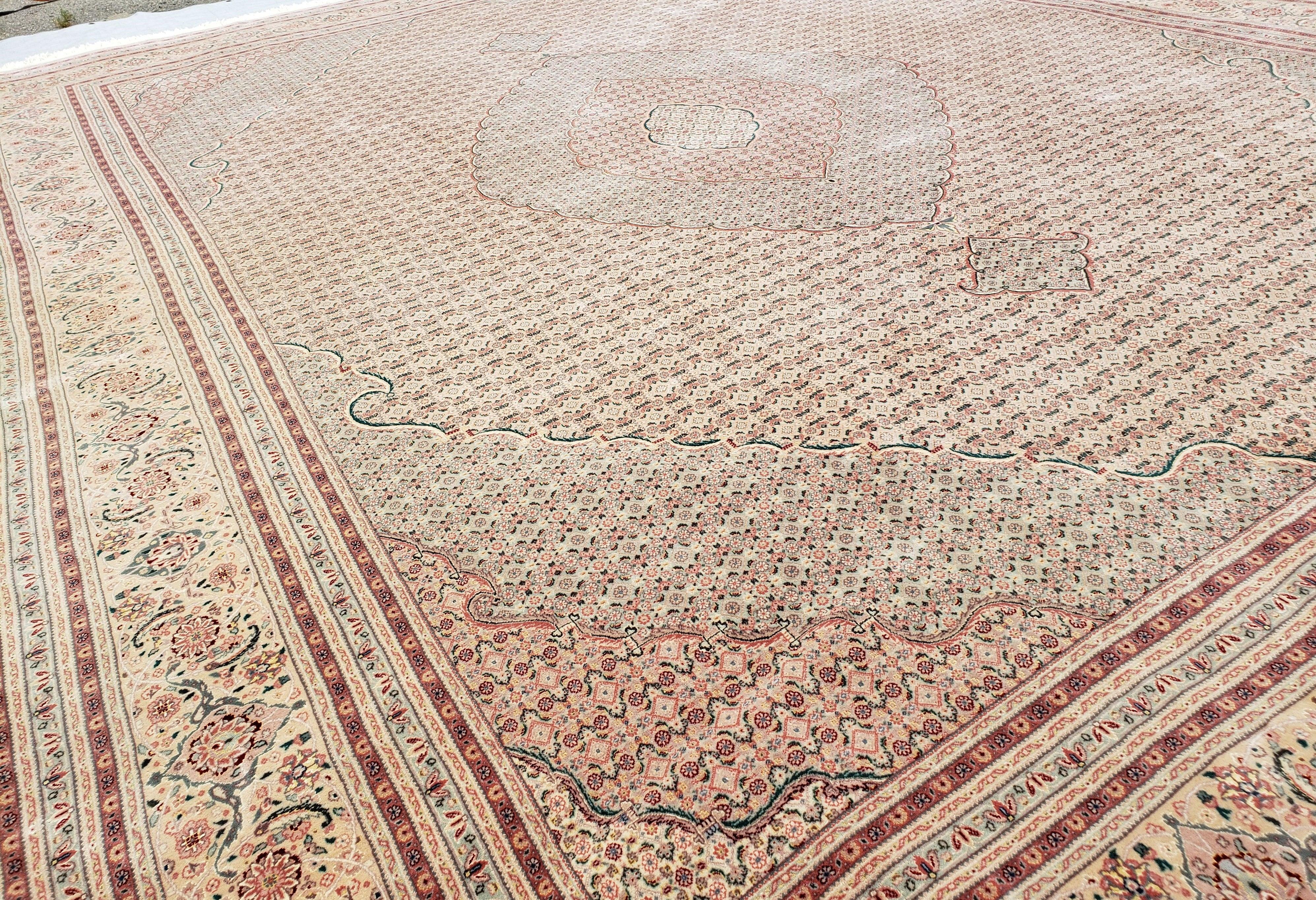 Stunning Oversized Sino Persian Oriental Rug 12x15, Hand Knotted Wool & Silk Palace Sized Carpet, Mahi Pattern, Very Fine, Peach Beige, Wow