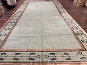 Palace Size Nepali Rug 9x18, Open Field, Light Mint Green, Wool Hand Knotted, Modern Contemporary