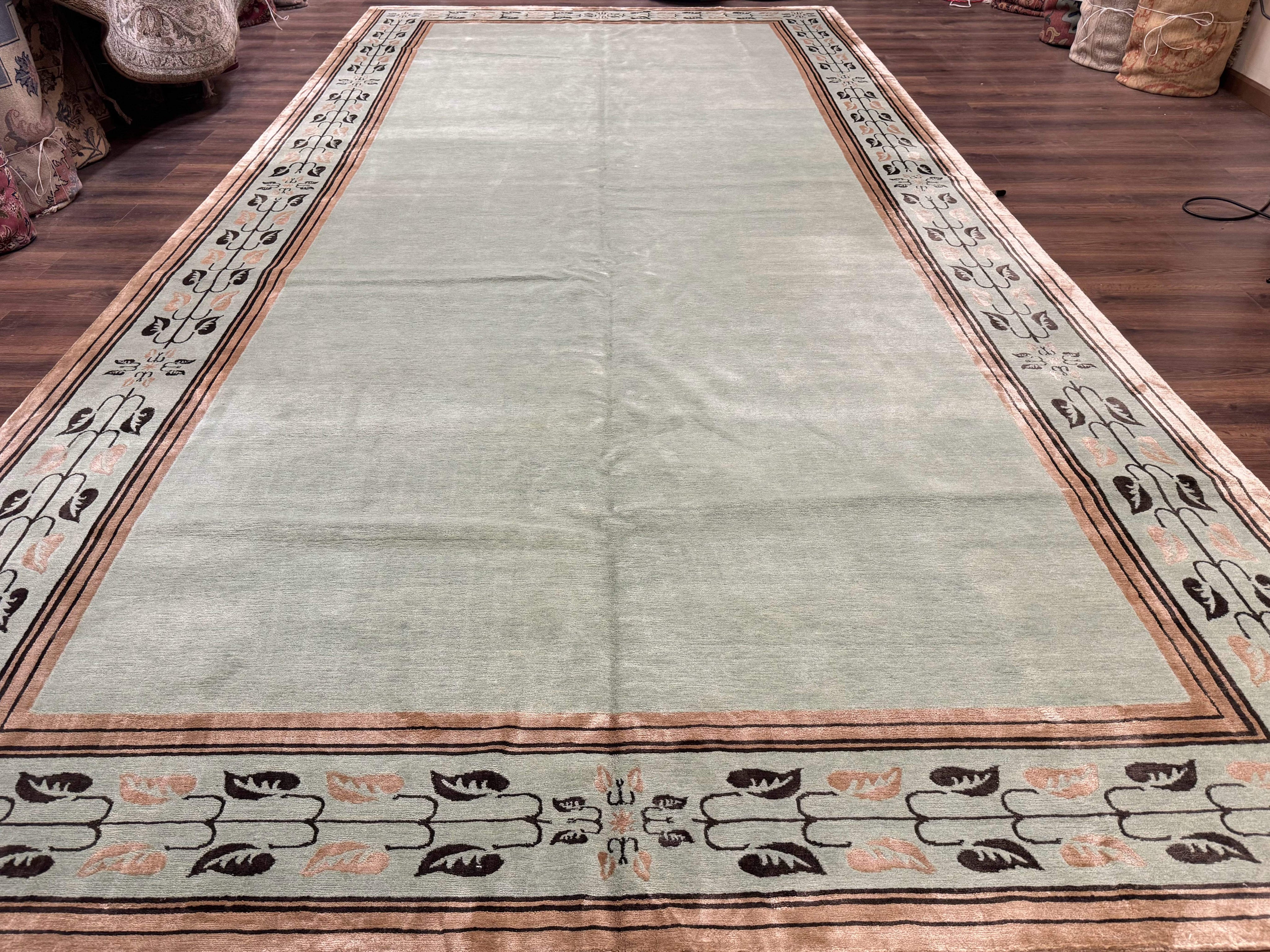 Palace Size Nepali Rug 9x18, Open Field, Light Mint Green, Wool Hand Knotted, Modern Contemporary