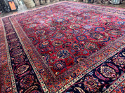 Palace Size Persian Mashad Rug 12x16, Raspberry and Navy Blue, Signature from Master Weaver, Antique Handmade Large Wool Carpet