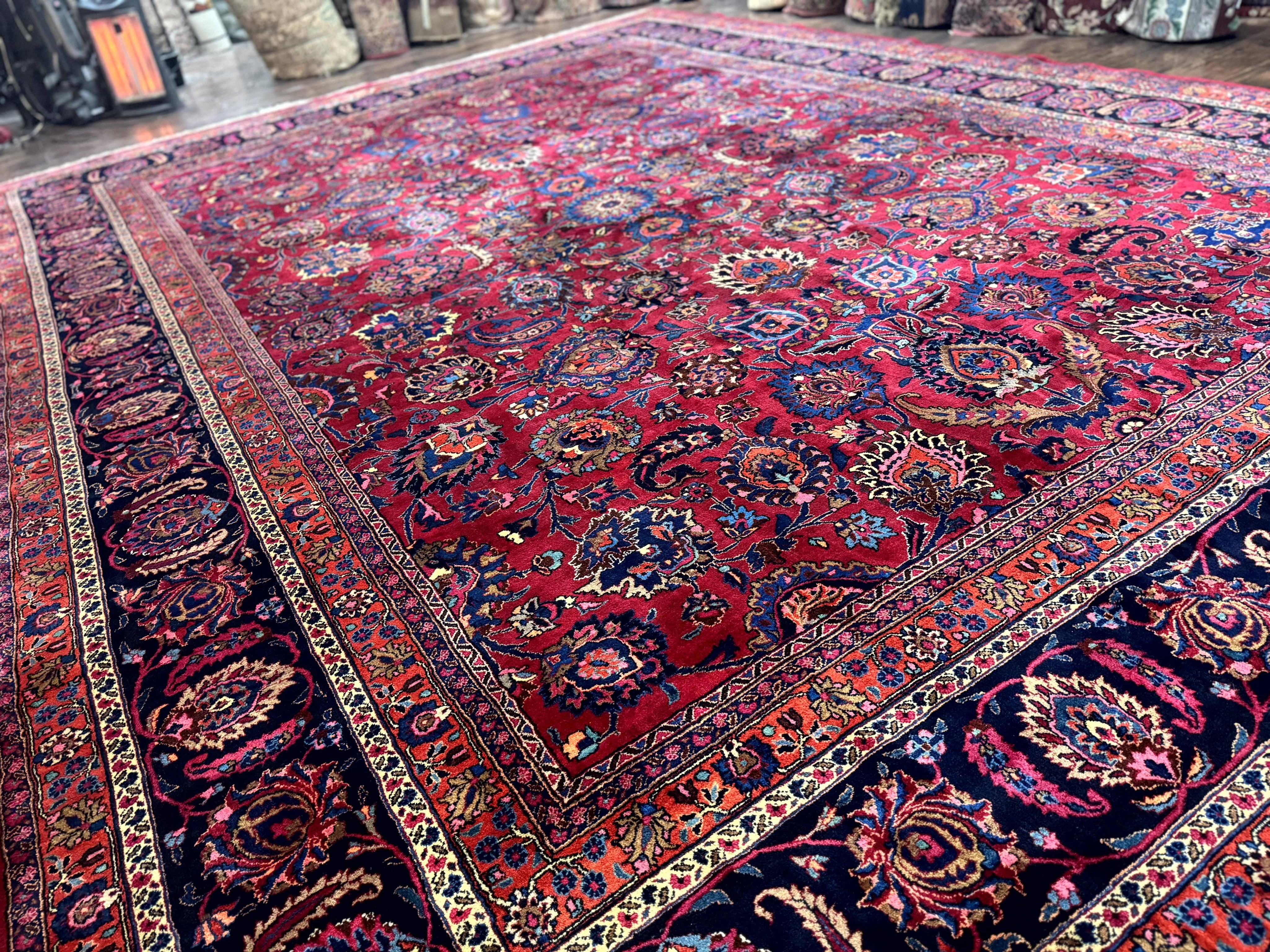Palace Size Persian Mashad Rug 12x16, Raspberry and Navy Blue, Signature from Master Weaver, Antique Handmade Large Wool Carpet