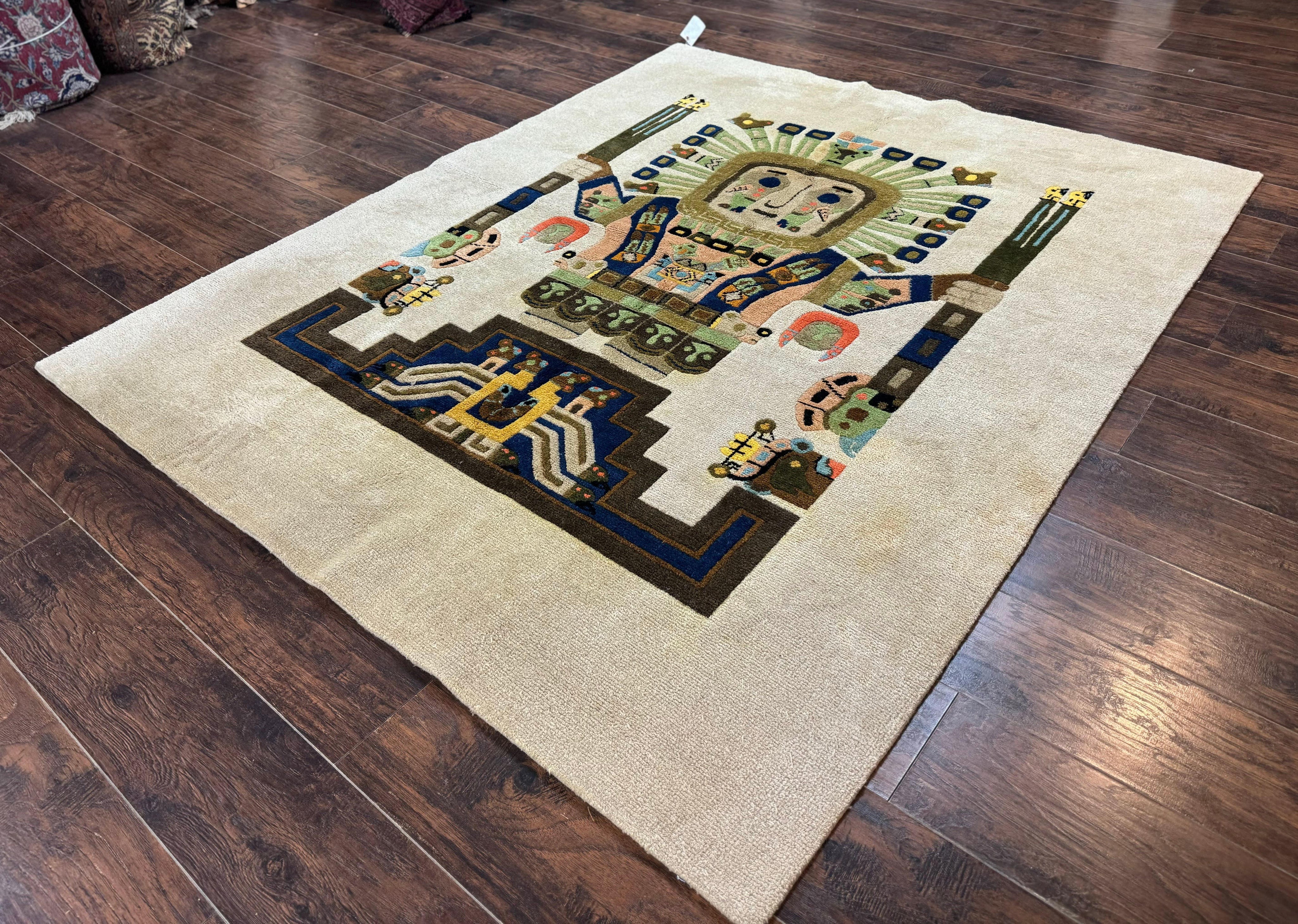 South American Rug 6x7, Unique Native American Design, Ivory, Ecuador Rug, Handmade Wool