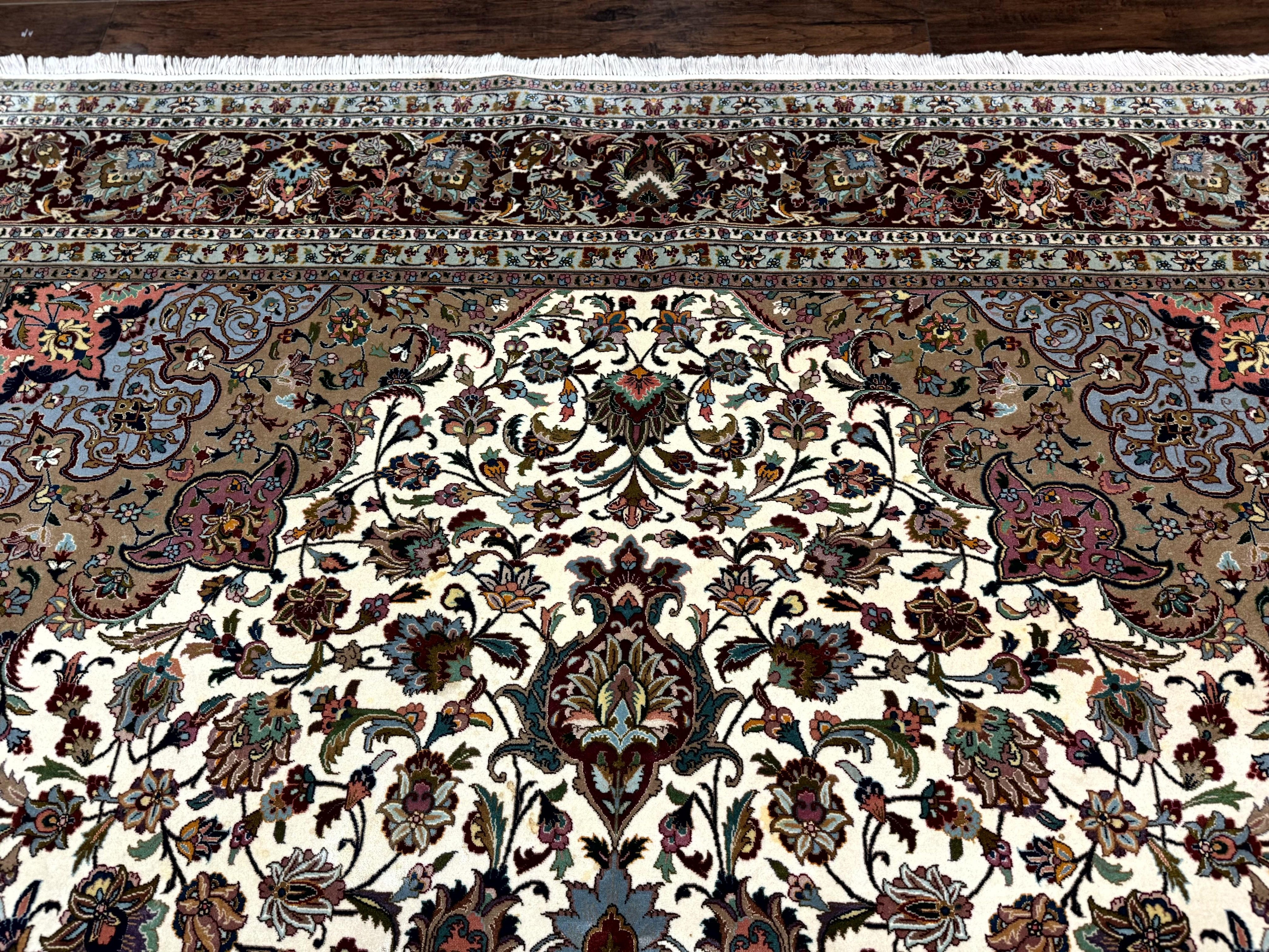 Persian Tabriz Rug 8x11, Floral Medallion Traditional Area Rug, Fine 300 KPSI, Ivory Maroon
