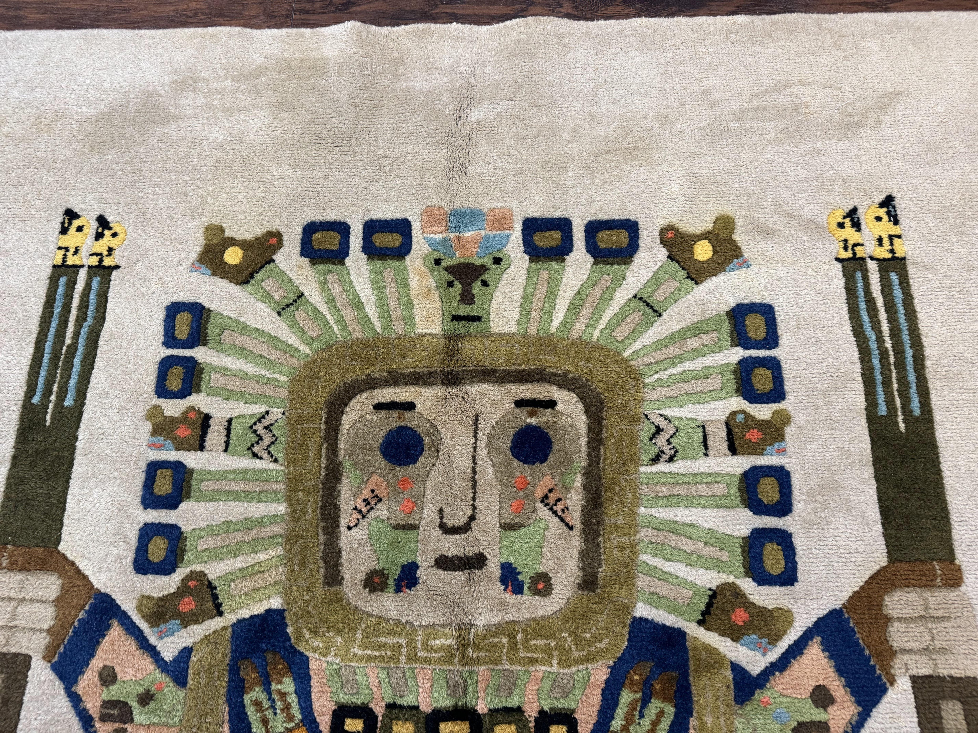 South American Rug 6x7, Unique Native American Design, Ivory, Ecuador Rug, Handmade Wool