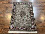 Persian Qum Rug 3x5, Wool with Silk Highlights, Handmade Semi Antique Carpet, Ivory & Navy Blue, Floral Medallion, Finely Hand Knotted