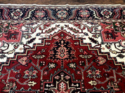 Indo Persian Heriz Rug 8x10, Geometric Medallion, Brick Red Ivory Navy Blue, Room Sized Heriz Carpet, Wool Rug