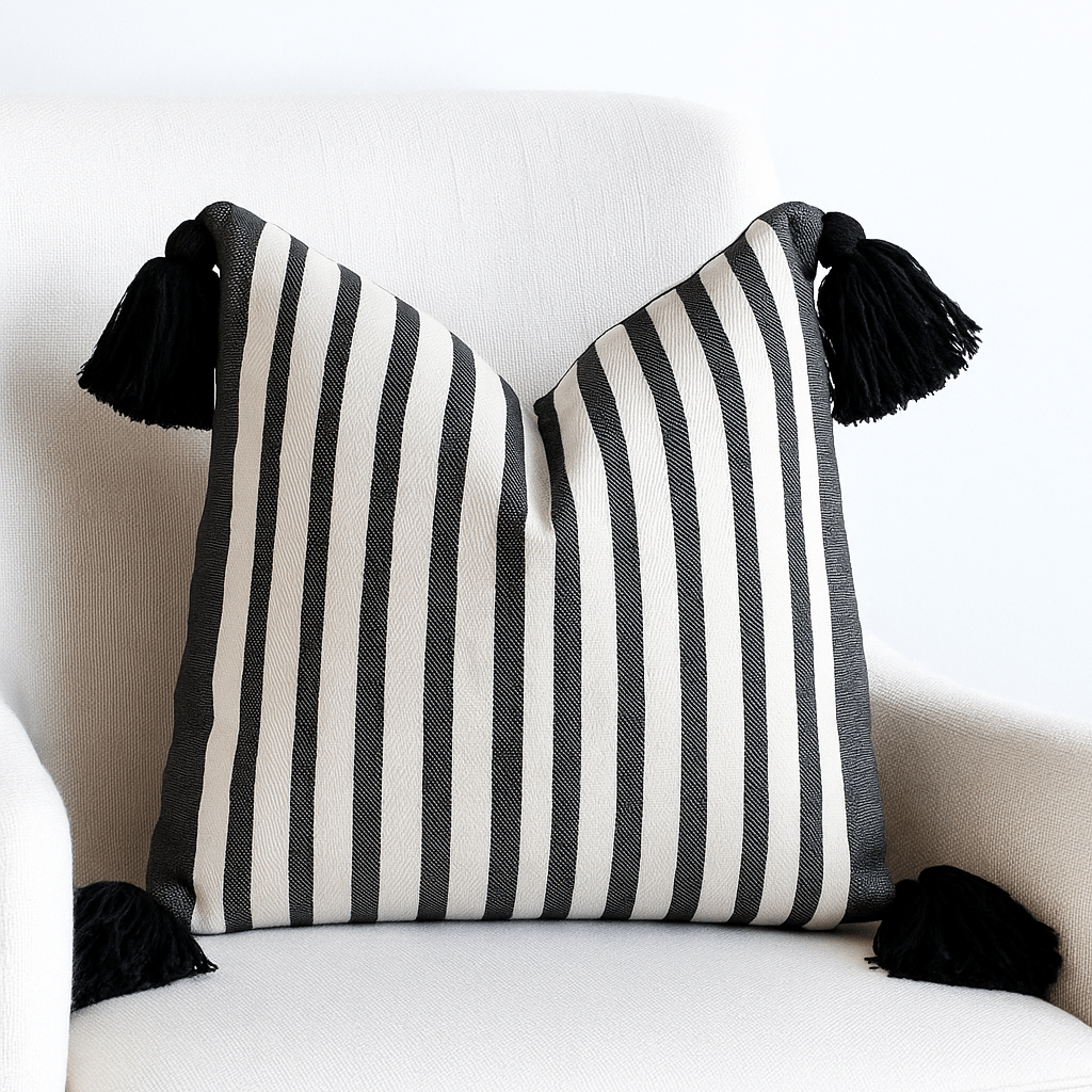 Black and White Striped Pillow With Pom Poms - BAJA CHICneed verificationpillowHUNTEDFOX - boho striped accent pillow with pom poms sitting on white chair by HUNTEDFOX