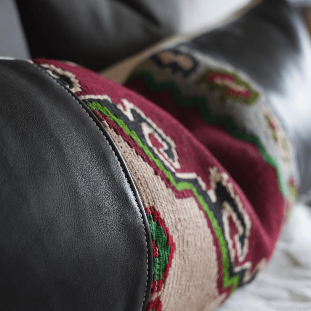 Black Leather & Vintage Kilim Long Lumbar Pillow – Boho Bed Accent - BlackLEATHERLeather PillowHUNTEDFOX - Black Leather & Vintage Kilim Long Lumbar Pillow – Boho Bed Accent