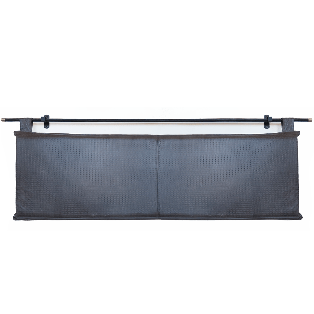 Black Leather Wall - Mount Headboard | Modern King Size Decor - BlackclassicfurnitureHUNTEDFOX - black woven leather king headboard hanging from black metal rod