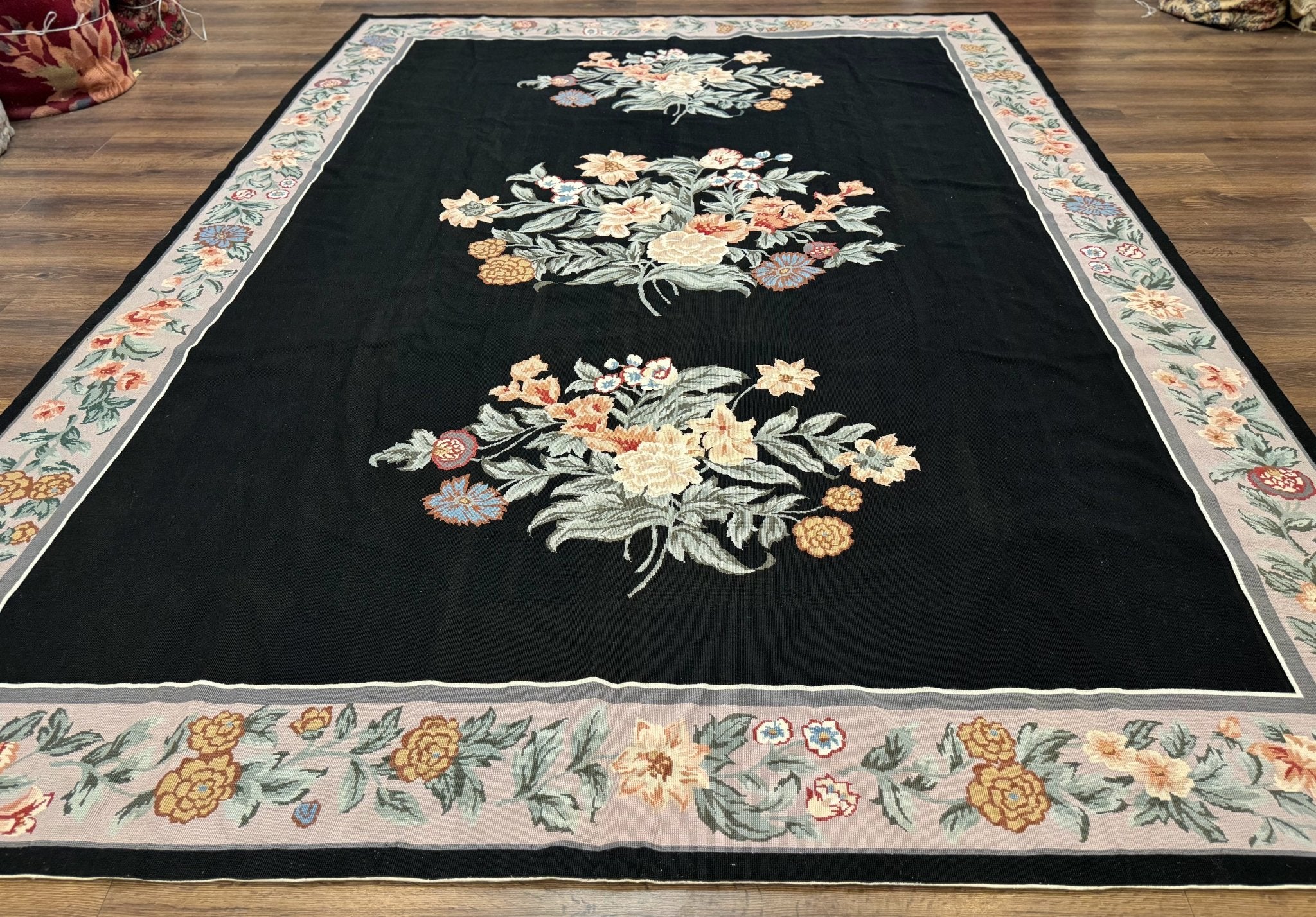 Black Needlepoint Rug 8x11 with Multicolor Flowers, Vintage Carpet - Jewel RugsShopify CollectiveHUNTEDFOX - Black Needlepoint Rug 8x11 with Multicolor Flowers, Vintage Carpet