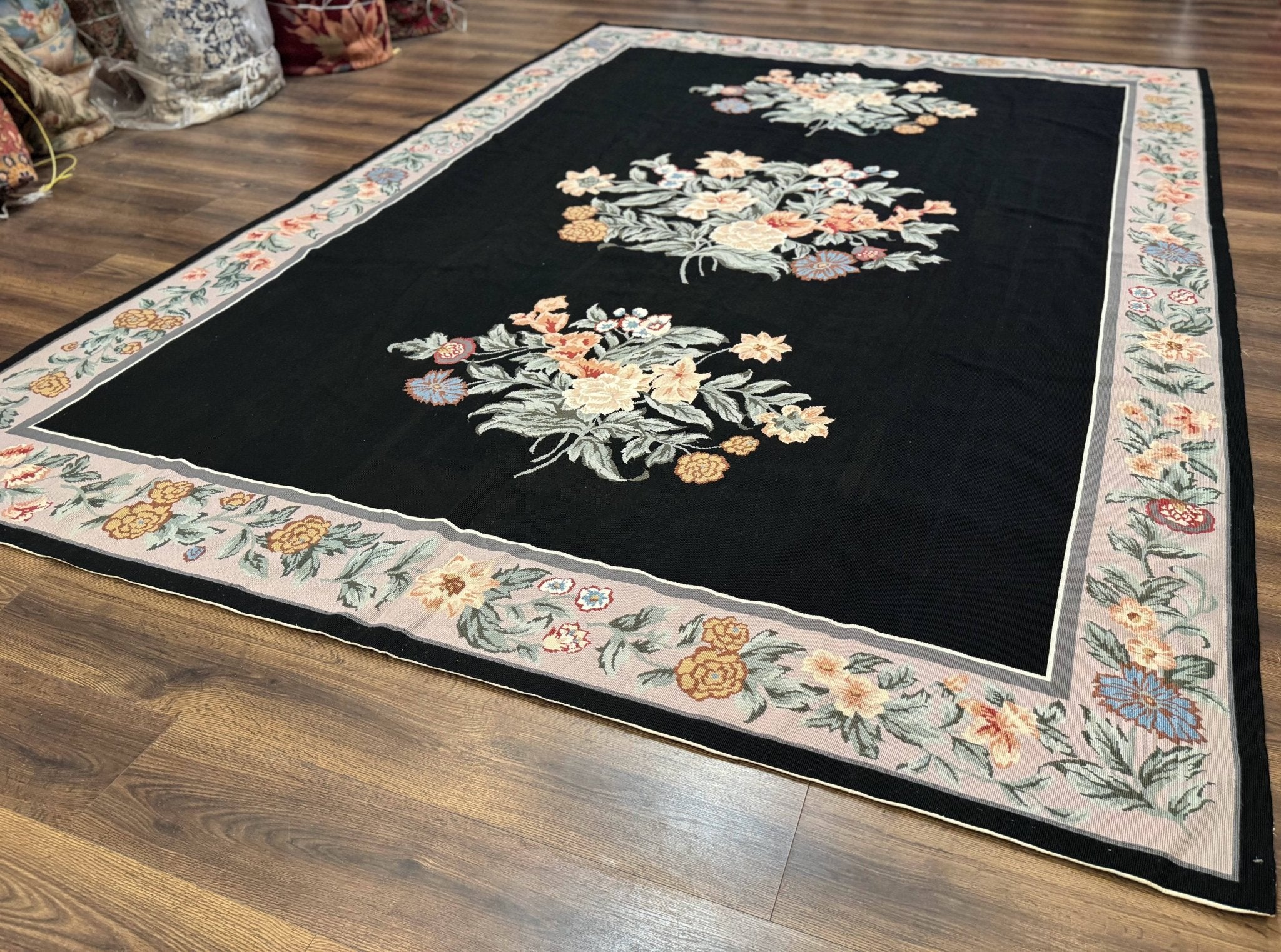 Black Needlepoint Rug 8x11 with Multicolor Flowers, Vintage Carpet - Jewel RugsShopify CollectiveHUNTEDFOX - Black Needlepoint Rug 8x11 with Multicolor Flowers, Vintage Carpet