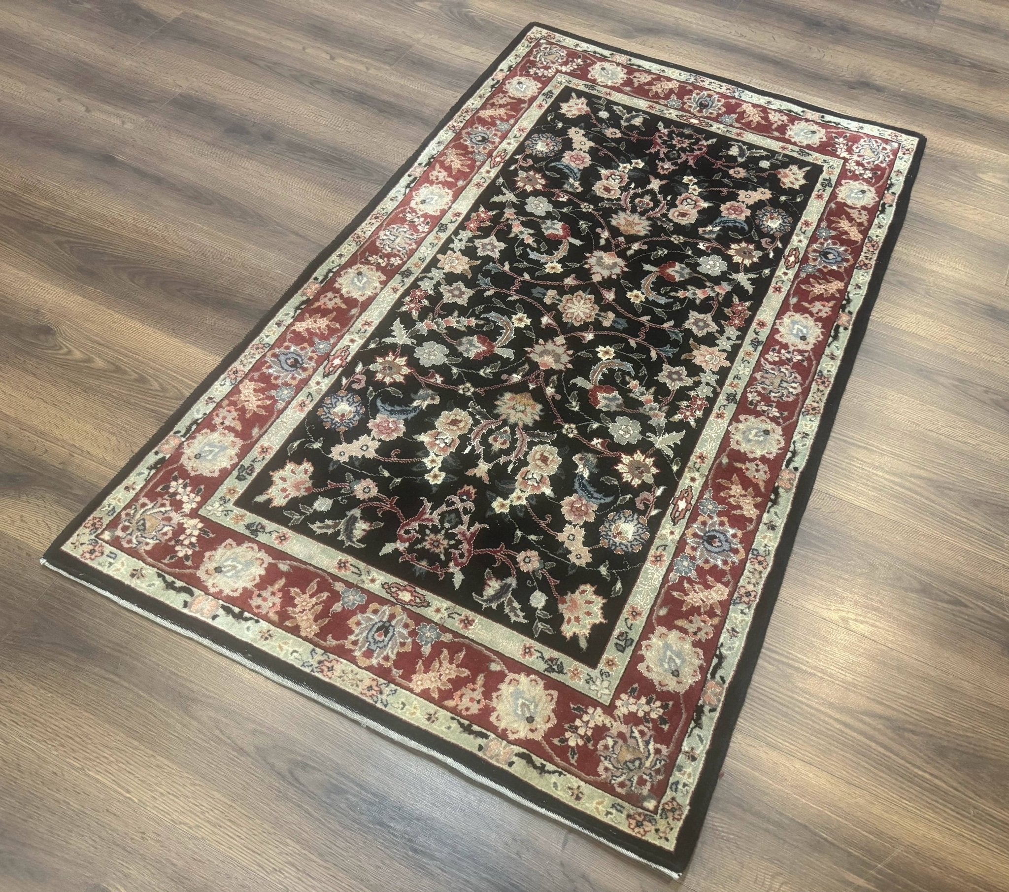 Black Sino Persian Rug 3x5, Wool with Silk Highlights, Floral, Fine 170 KPSI - Jewel RugsShopify CollectiveHUNTEDFOX - Black Sino Persian Rug 3x5, Wool with Silk Highlights, Floral, Fine 170 KPSI