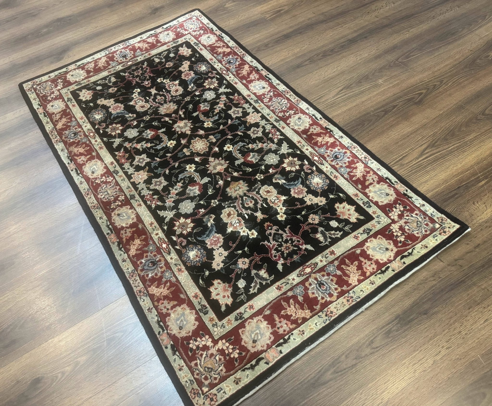 Black Sino Persian Rug 3x5, Wool with Silk Highlights, Floral, Fine 170 KPSI - Jewel RugsShopify CollectiveHUNTEDFOX - Black Sino Persian Rug 3x5, Wool with Silk Highlights, Floral, Fine 170 KPSI