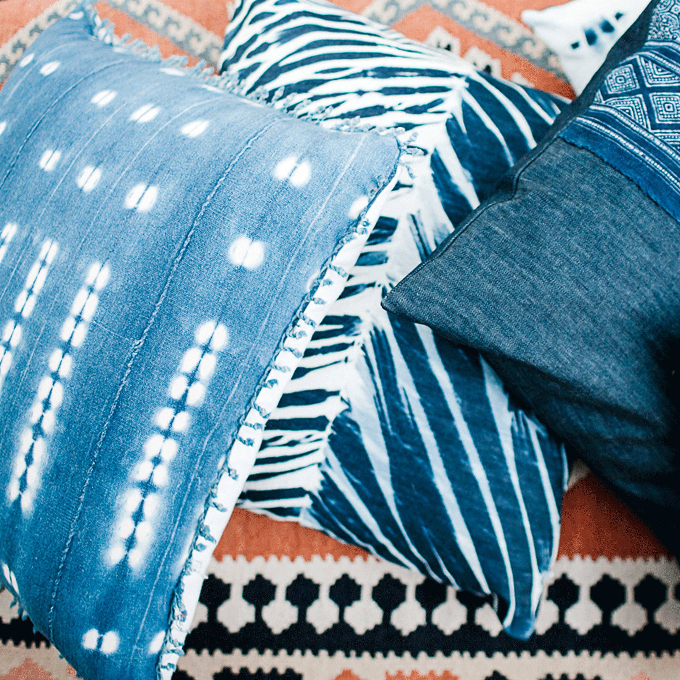 Blue and White Striped Mudcloth Pillow - Global Style