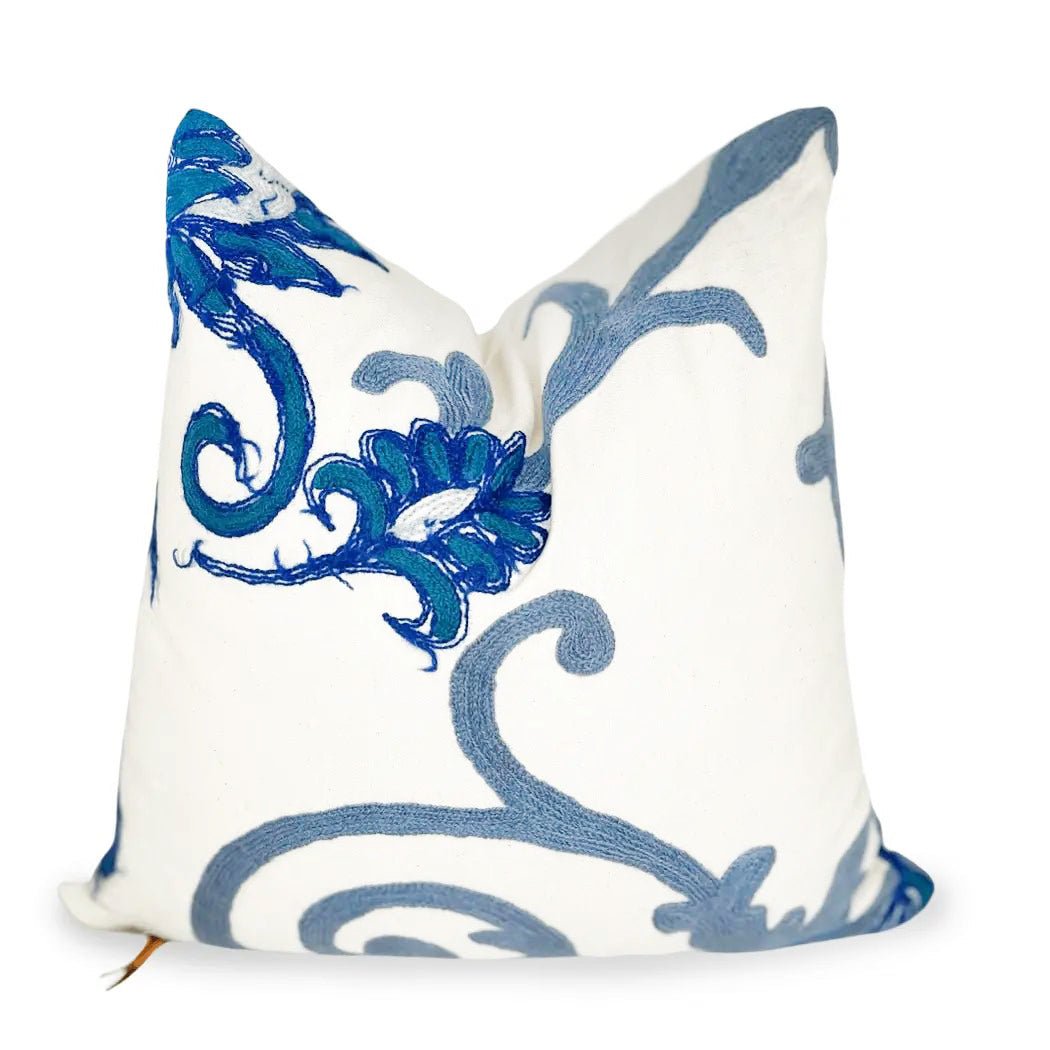 Blue And White White Floral Embroidered Throw Pillow - BlueboldbotanicalHUNTEDFOX - Blue And White White Floral Embroidered Throw Pillow