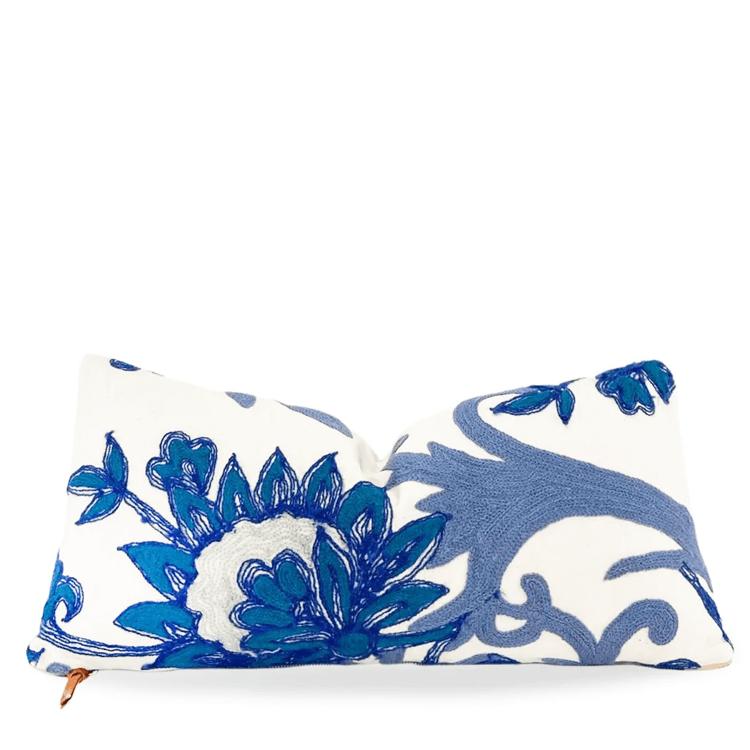 Blue And White White Floral Embroidered Throw Pillow - BlueboldbotanicalHUNTEDFOX - Blue And White White Floral Embroidered Throw Pillow