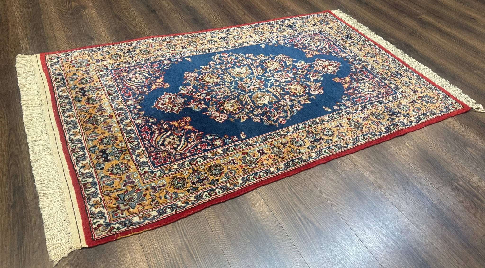 Blue Persian Qum Rug 3.6 x 5, Floral Medallion, Fine 310 KPSI - Jewel RugsShopify CollectiveHUNTEDFOX - Blue Persian Qum Rug 3.6 x 5, Floral Medallion, Fine 310 KPSI