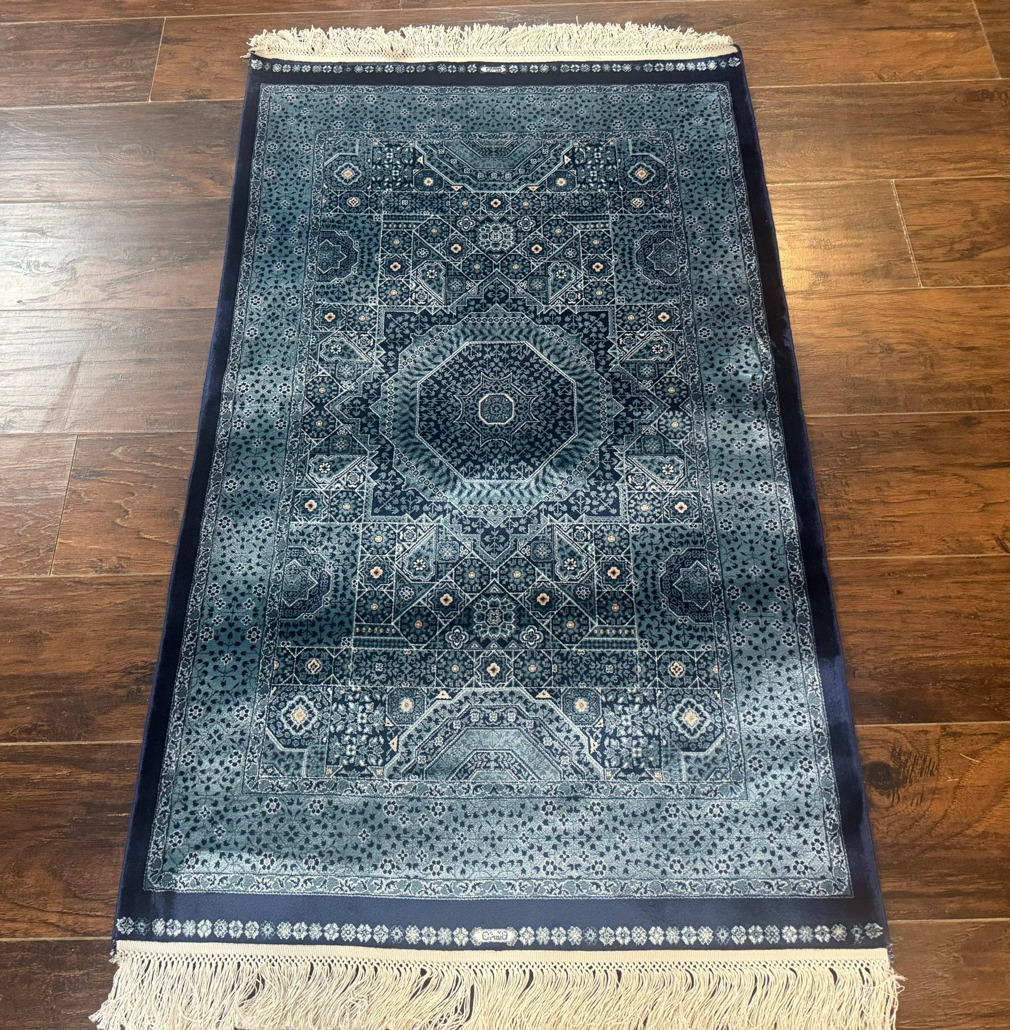 Blue Turkish Silk Hereke Rug 2.6 x 4, Mamluk Red, Blue, Bamboo Silk - Jewel RugsShopify CollectiveHUNTEDFOX - Blue Turkish Silk Hereke Rug 2.6 x 4, Mamluk Red, Blue, Bamboo Silk