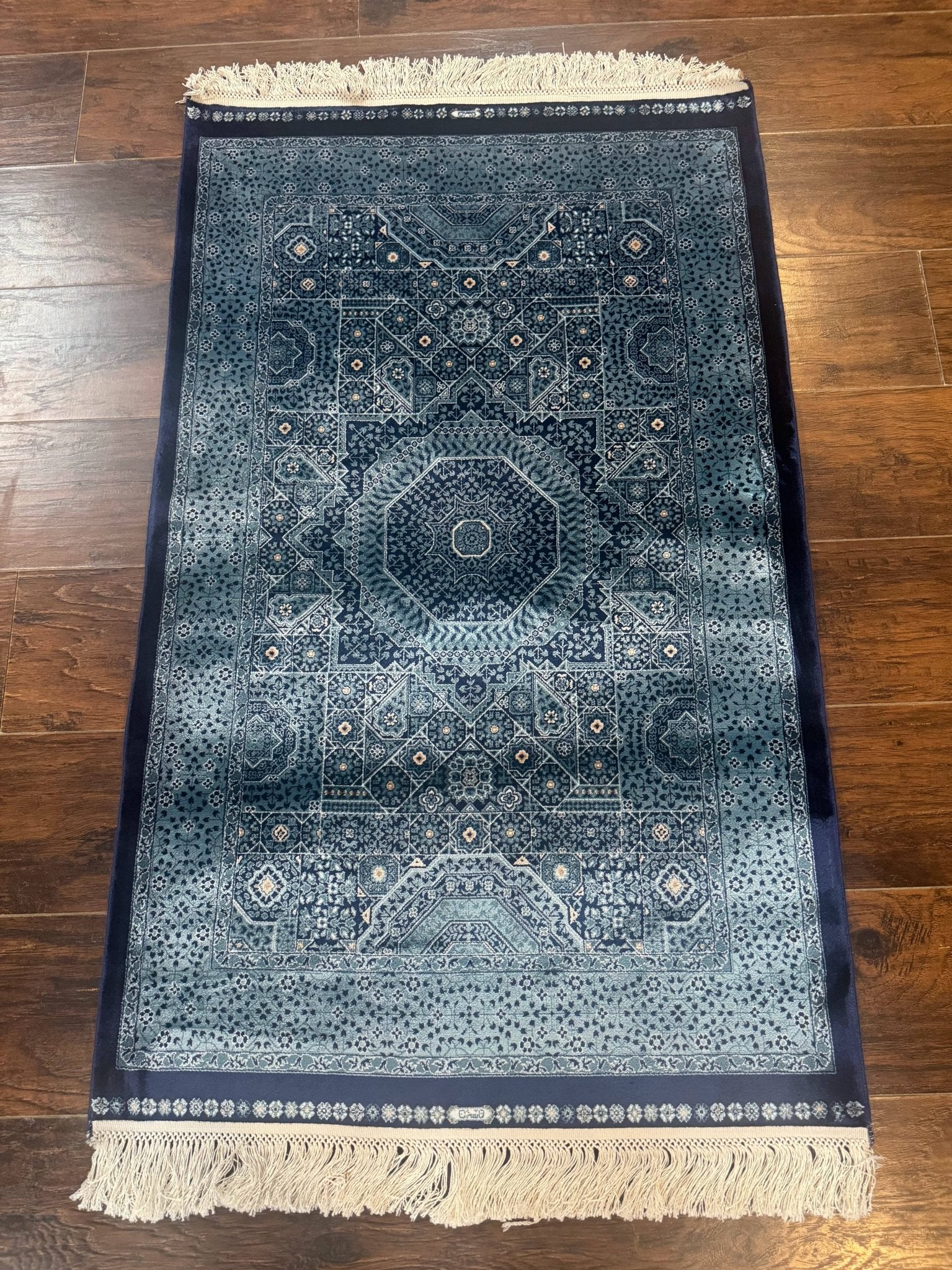 Blue Turkish Silk Hereke Rug 2.6 x 4, Mamluk Red, Blue, Bamboo Silk - Jewel RugsShopify CollectiveHUNTEDFOX - Blue Turkish Silk Hereke Rug 2.6 x 4, Mamluk Red, Blue, Bamboo Silk