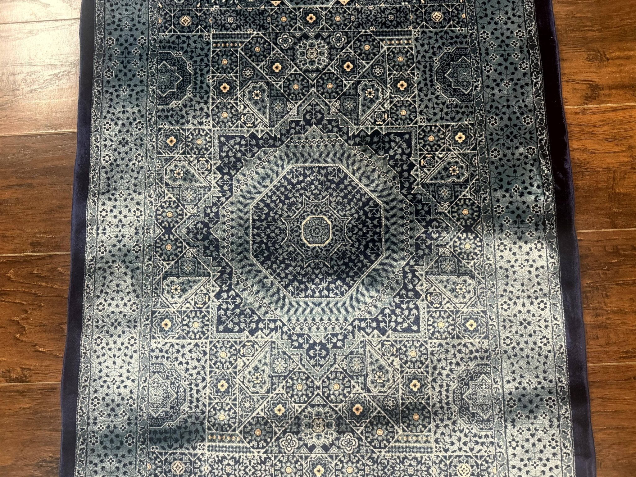 Blue Turkish Silk Hereke Rug 2.6 x 4, Mamluk Red, Blue, Bamboo Silk - Jewel RugsShopify CollectiveHUNTEDFOX - Blue Turkish Silk Hereke Rug 2.6 x 4, Mamluk Red, Blue, Bamboo Silk