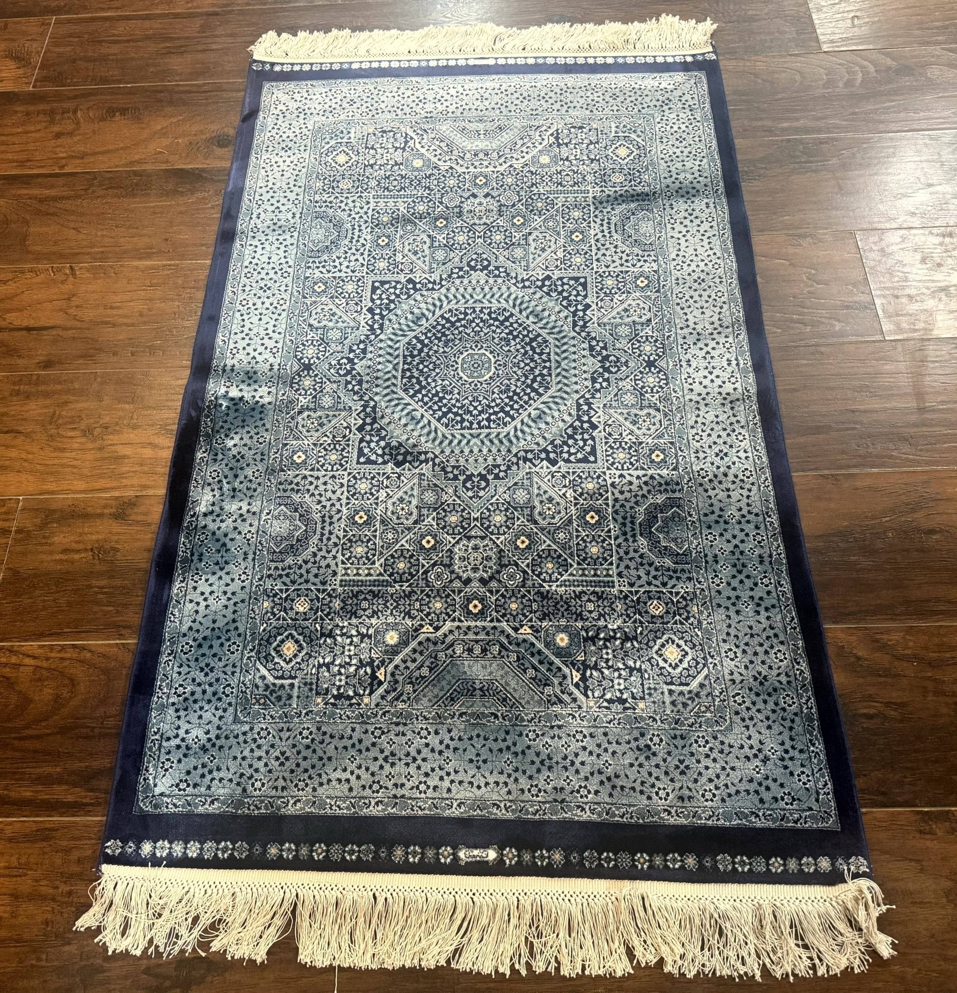 Blue Turkish Silk Hereke Rug 2.6 x 4, Mamluk Red, Blue, Bamboo Silk - Jewel RugsShopify CollectiveHUNTEDFOX - Blue Turkish Silk Hereke Rug 2.6 x 4, Mamluk Red, Blue, Bamboo Silk