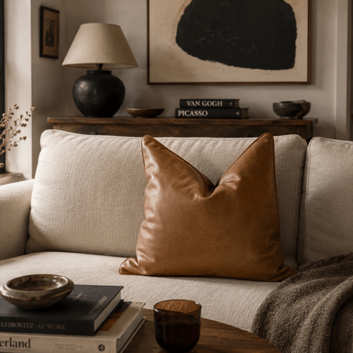 Brown Genuine Leather Pillow | Solid Leather - LEATHERLeather Pillowneed verificationHUNTEDFOX - Cozy living room with a beige sofa, brown pillow, and decorative items.