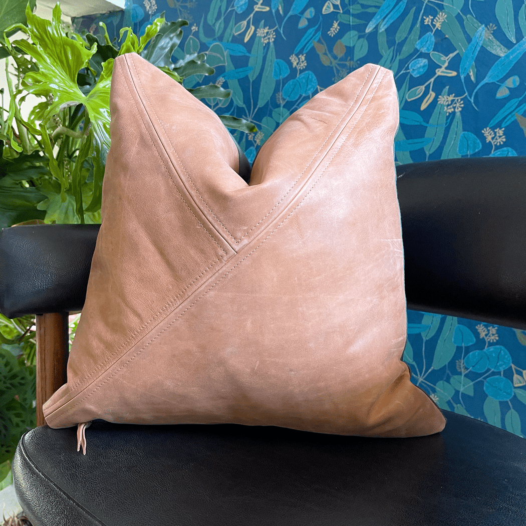 Brown Genuine Leather Pillow with Triangle Stitch Pattern - LEATHERLeather PillowpillowHUNTEDFOX - Brown Genuine Leather Pillow with Triangle Stitch Pattern