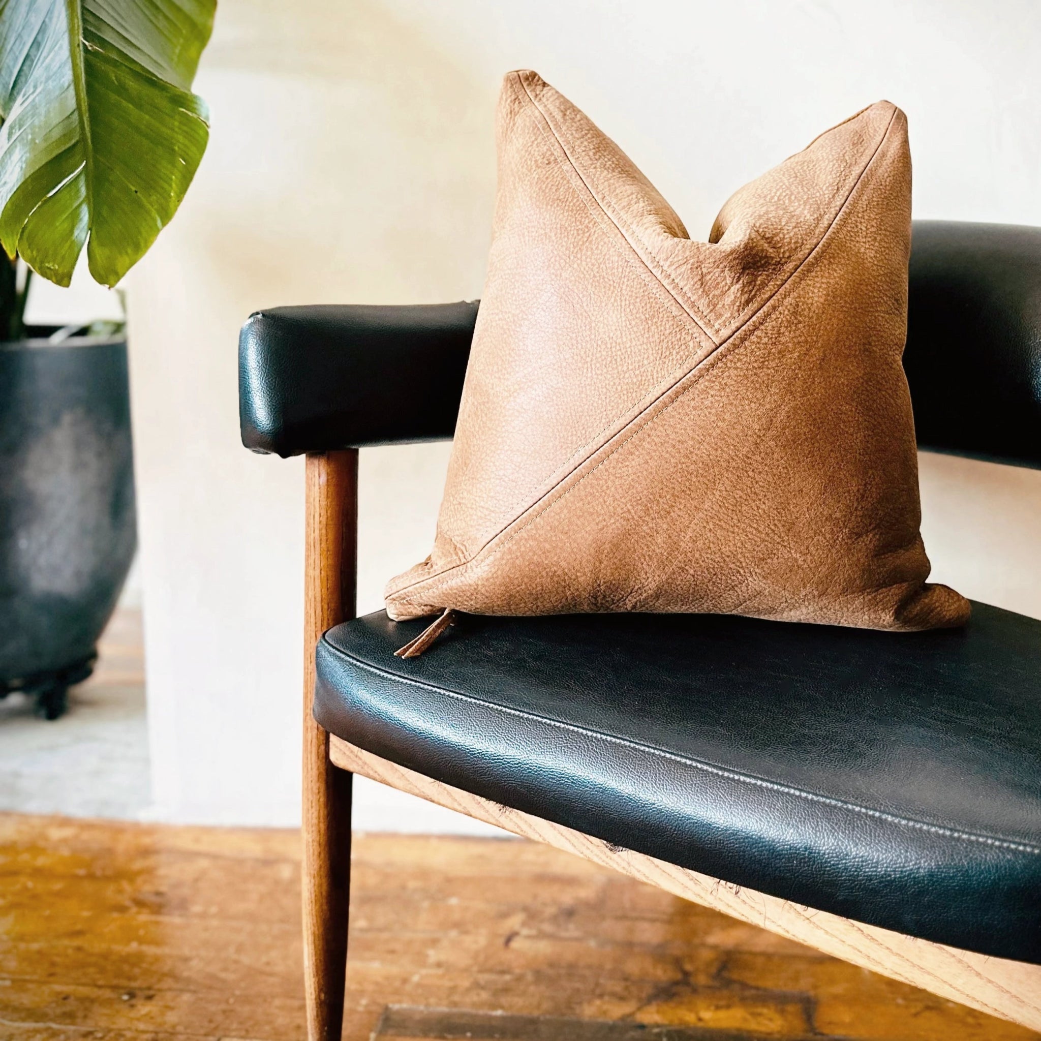 Brown Genuine Leather Pillow with Triangle Stitch Pattern - LEATHERLeather PillowpillowHUNTEDFOX - Brown Genuine Leather Pillow with Triangle Stitch Pattern