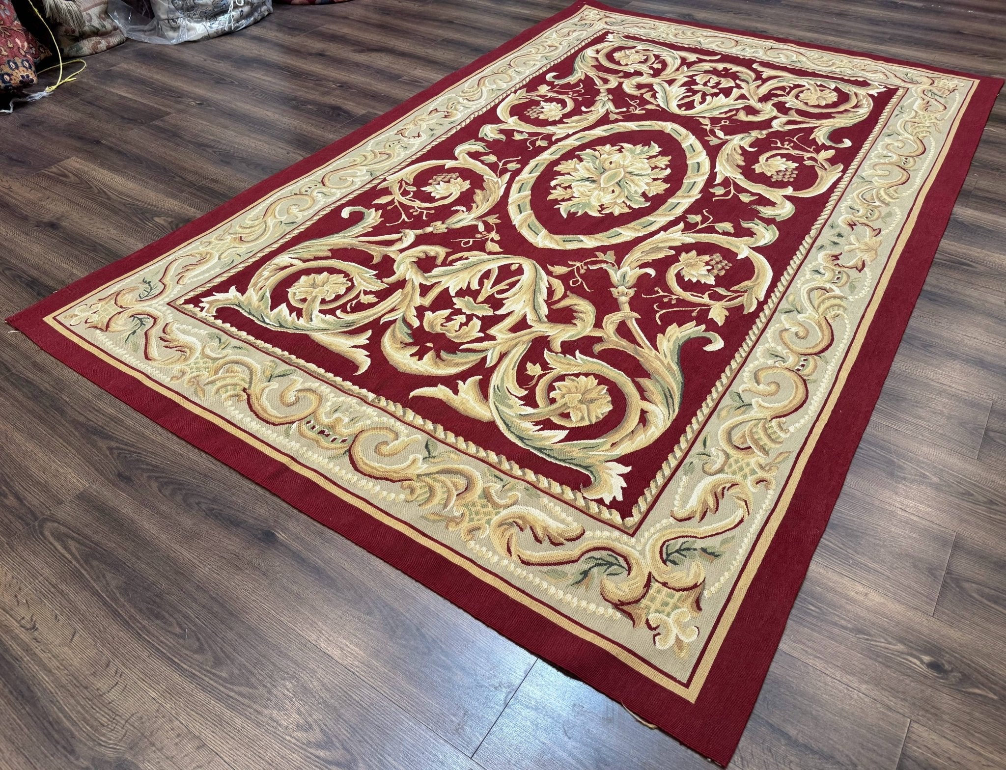 Burgundy Aubusson Rug 6x9, Vintage Wool Carpet - Jewel RugsShopify CollectiveHUNTEDFOX - Burgundy Aubusson Rug 6x9, Vintage Wool Carpet