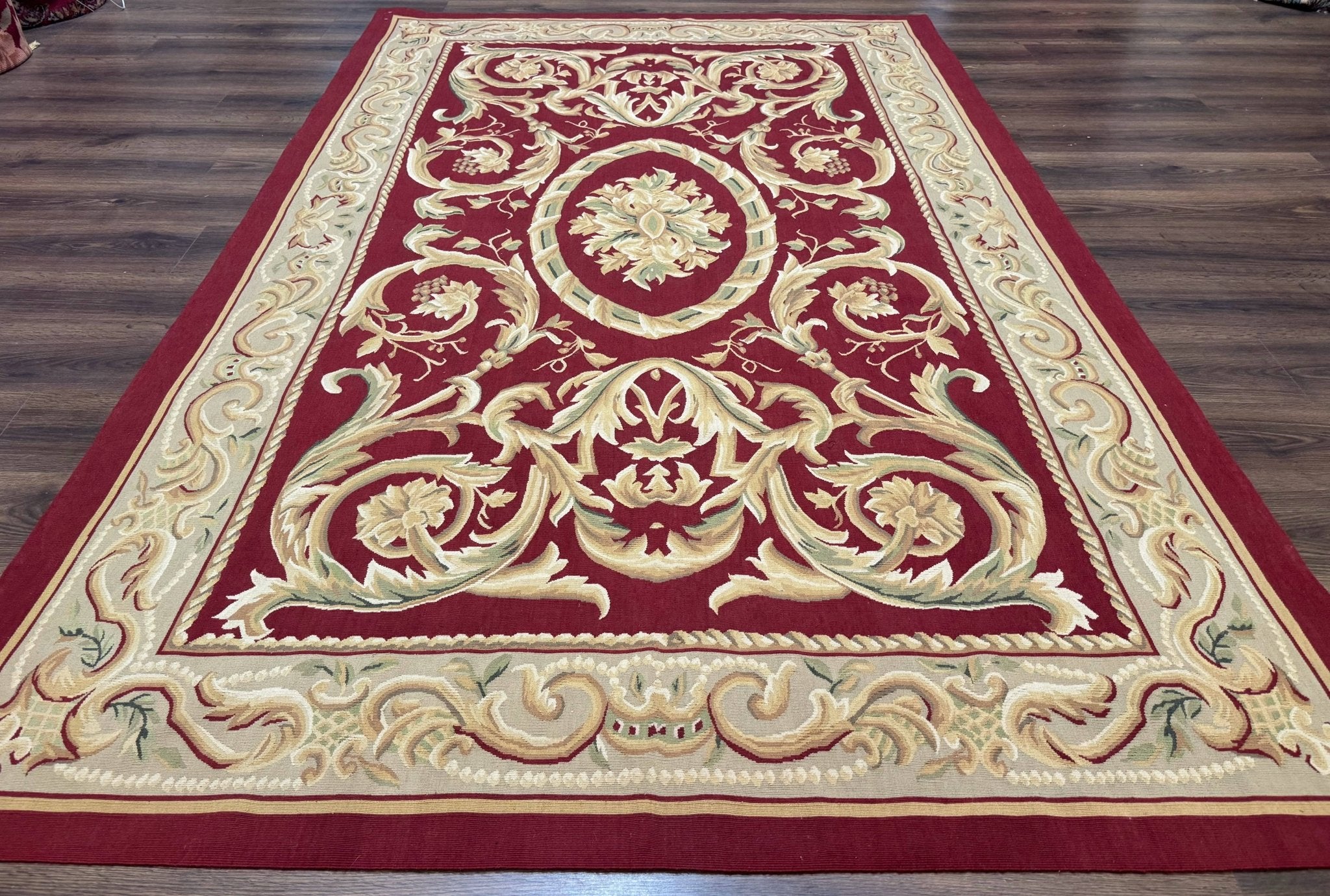 Burgundy Aubusson Rug 6x9, Vintage Wool Carpet - Jewel RugsShopify CollectiveHUNTEDFOX - Burgundy Aubusson Rug 6x9, Vintage Wool Carpet