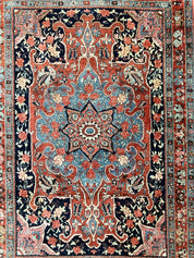 Antique Persian Bidjar Rug 4x5, Red and Blue, Hand Knotted Wool Carpet