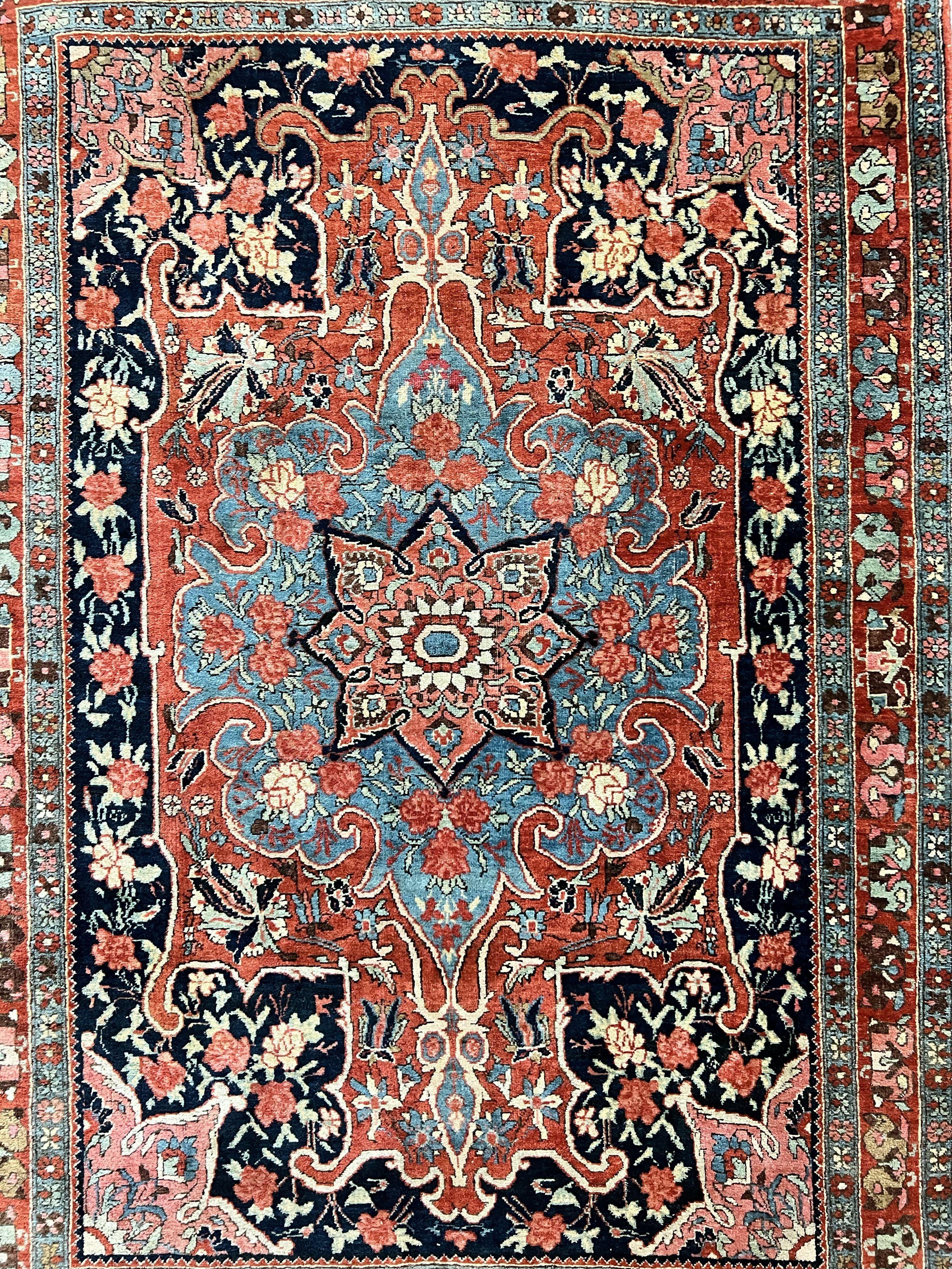 Antique Persian Bidjar Rug 4x5, Red and Blue, Hand Knotted Wool Carpet