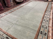 Palace Size Nepali Rug 9x18, Open Field, Light Mint Green, Wool Hand Knotted, Modern Contemporary