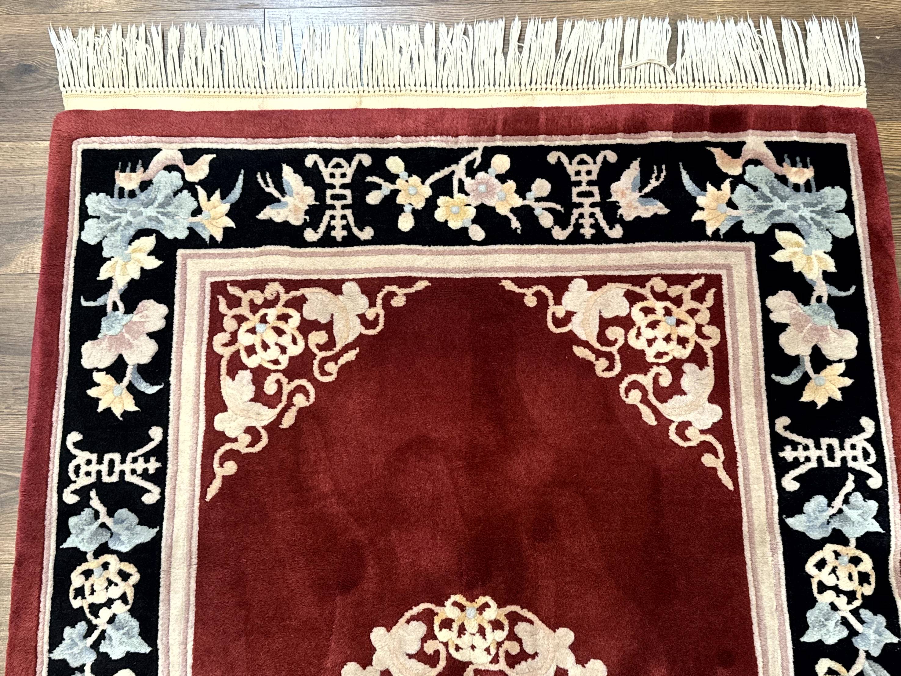 Chinese Wool Rug 4x6, Maroon and Black, Butterflies, Chinese Oriental Carpet, 90 Line Rug