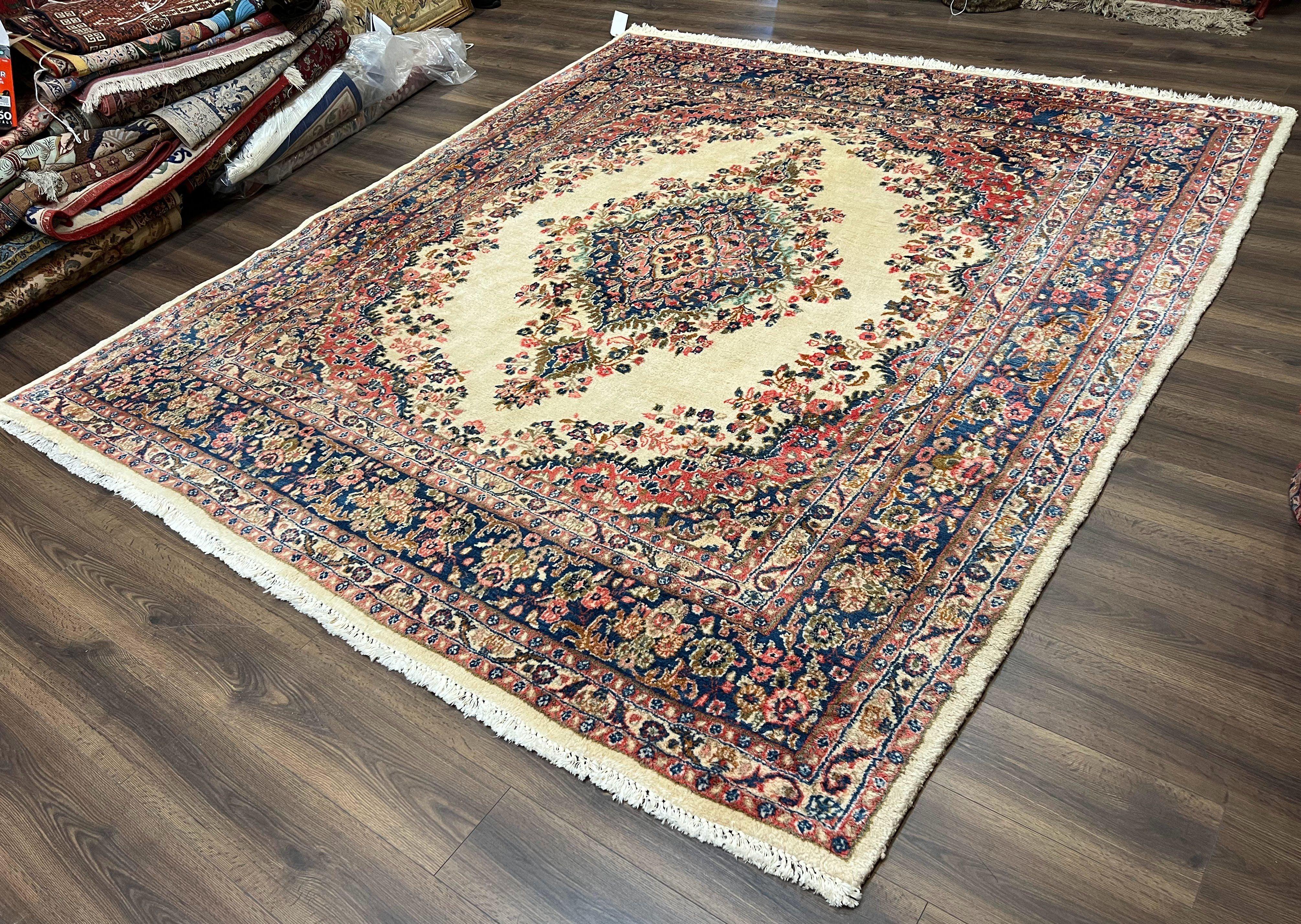 Persian Rug 9x10, Hamadan Rug, Antique Oriental Carpet, Wool Rug, Semi Open Field, Cream and Navy Blue, Kirman Design Hand Knotted Almost Square Rug