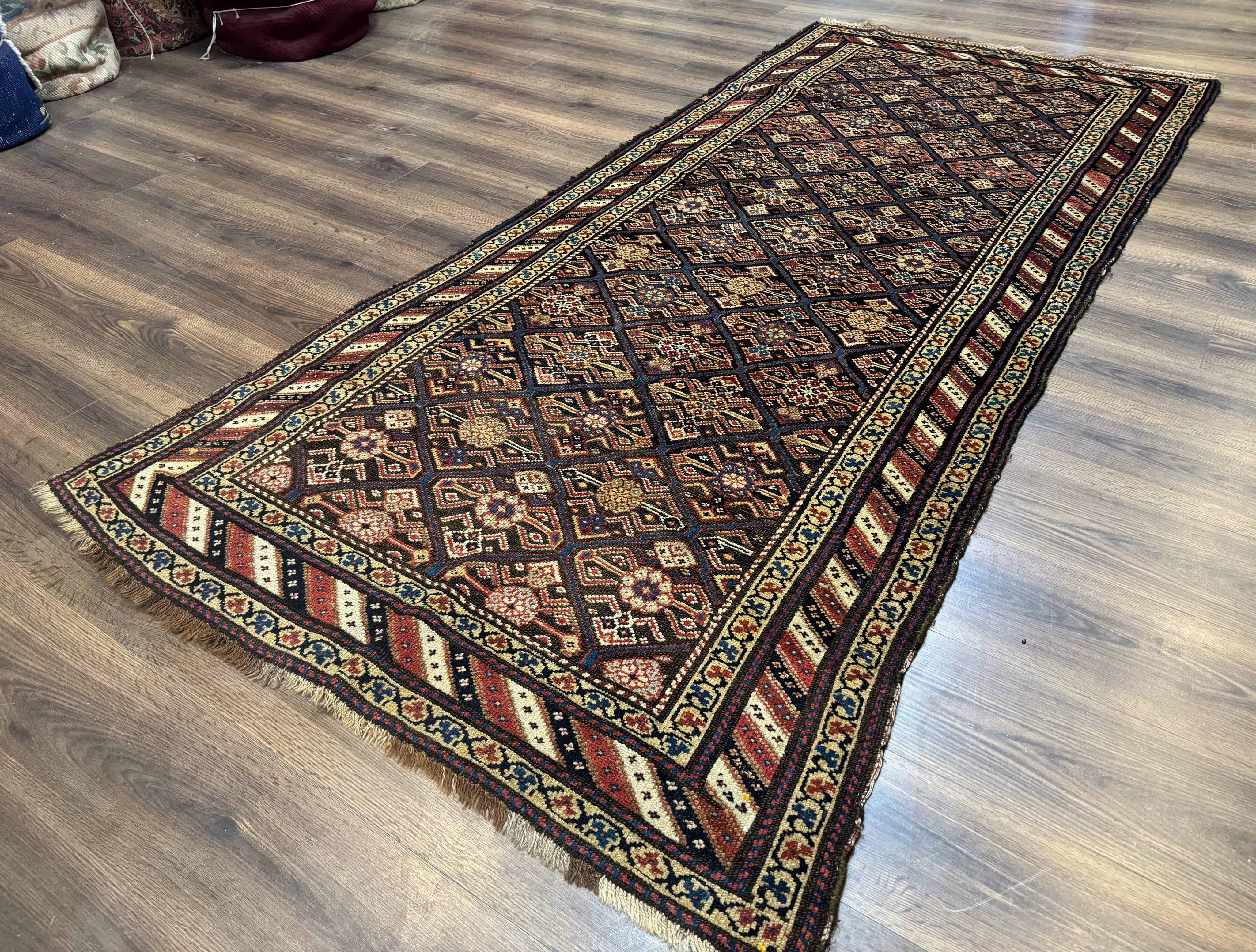 Antique Persian Wide Runner Rug 4x9, Kurdish Rug, Panel Design, Rainbow Border, Rare Tribal Rug