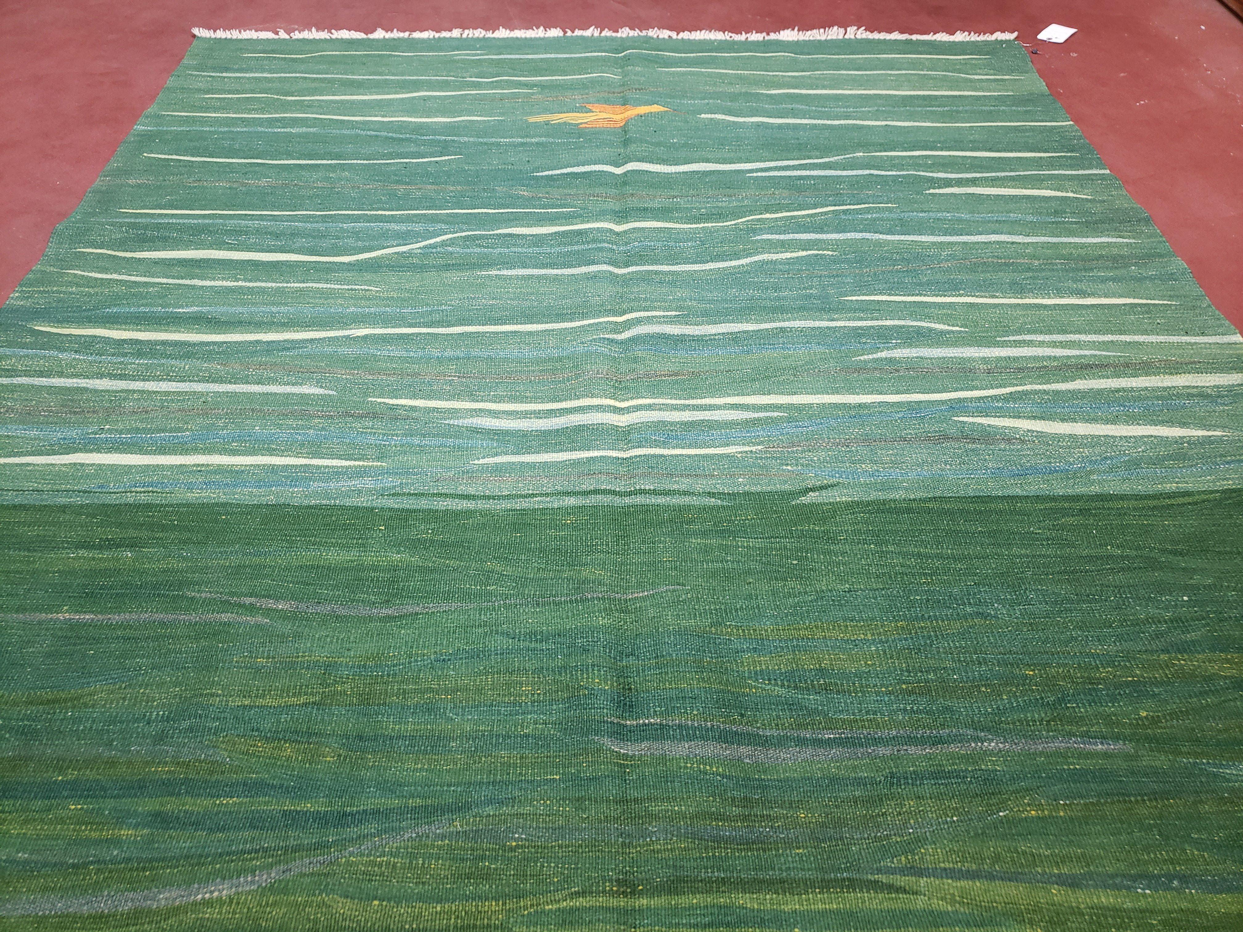 Green Turkish Kilim Rug, 6x9 - 7x10 Rugs, Bird, Handmade New Area Rug, Wool, Bohemian Boho Decor, Hand Woven, Modern Abstract Flat Weave Rug