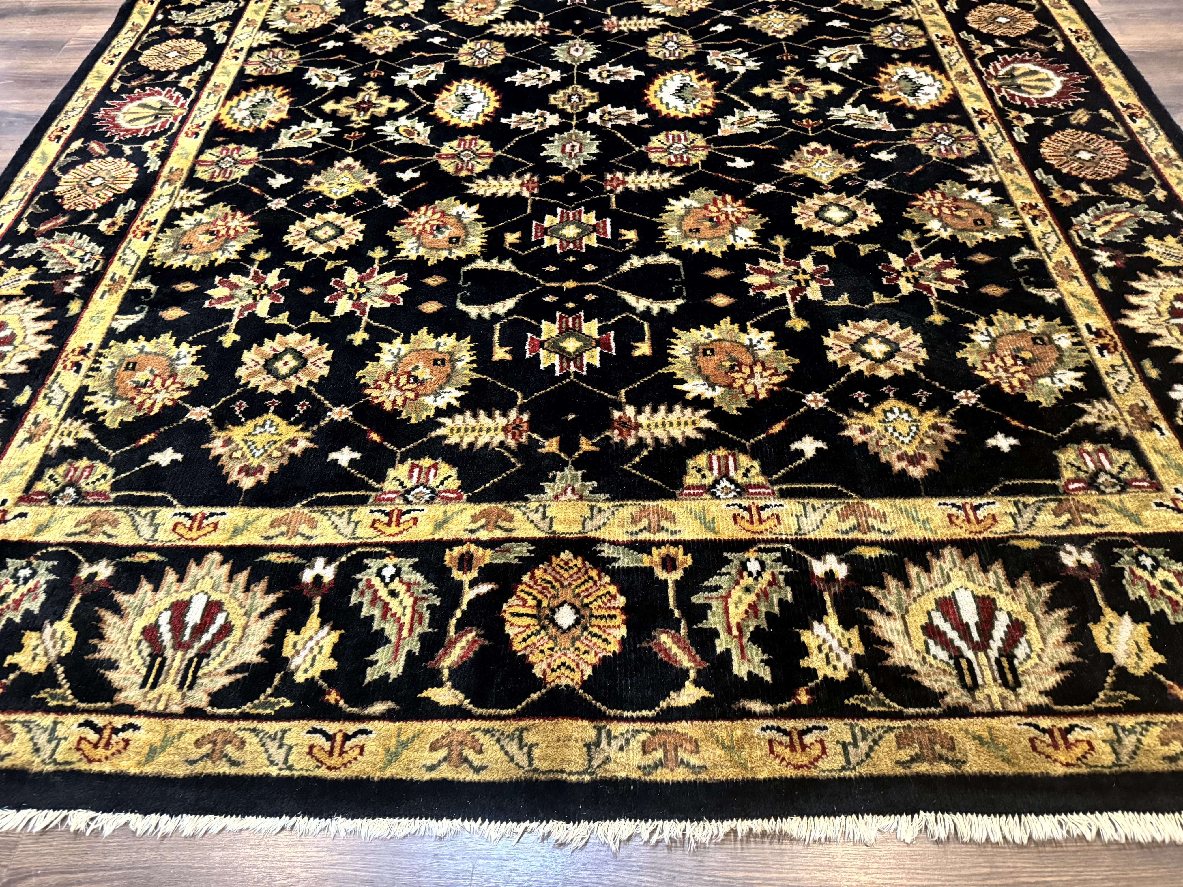 Indo Persian Mahal Rug 8x10, Black and Gold, Wool Hand Knotted Oriental Carpet