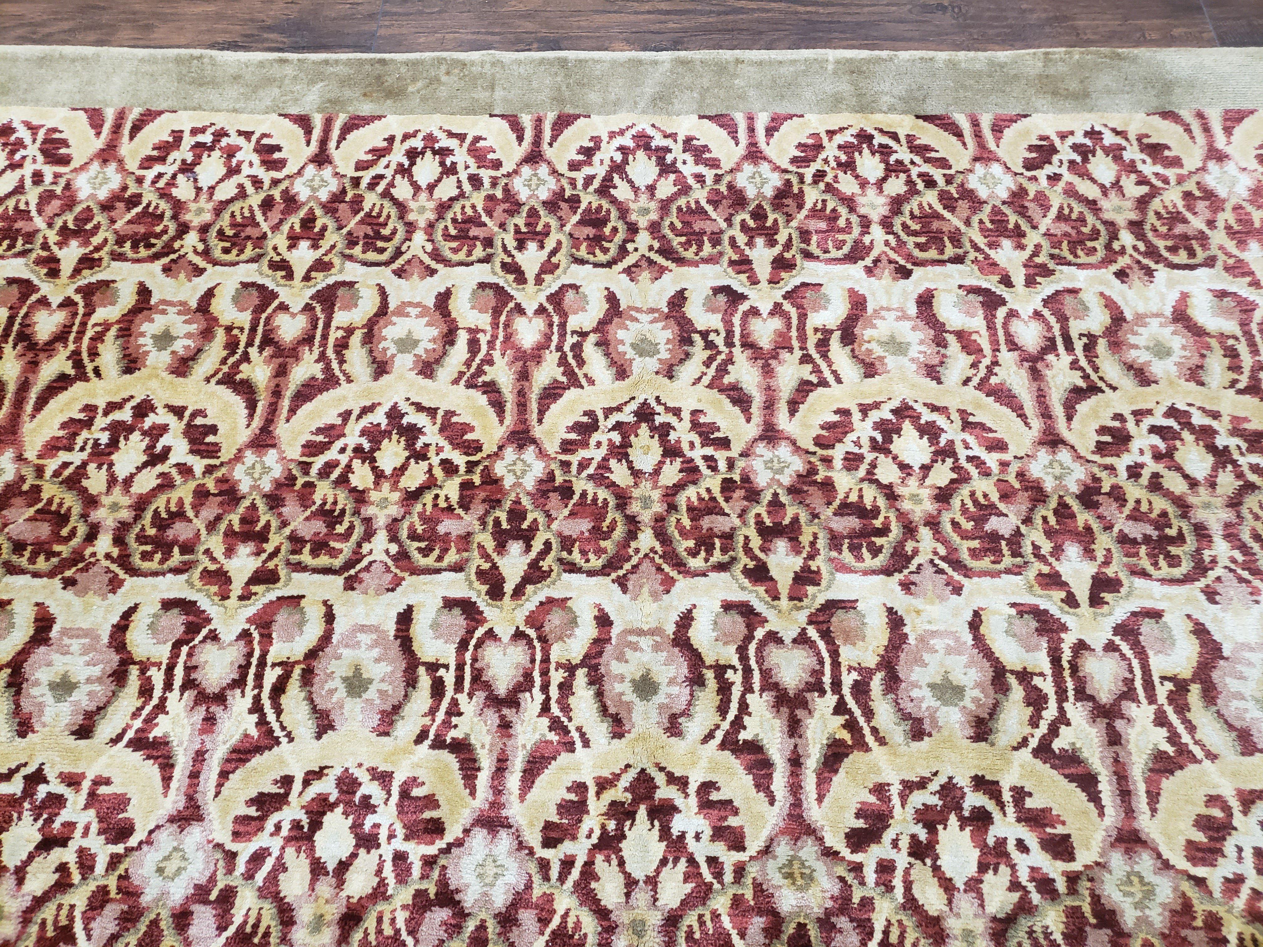 Contemporary Indian Nepalese Room Sized Rug 9 x 11.6, Wool Hand-Knotted Dark Red & Beige Soft Carpet, 9 x 12 Masterloom Living Room Rug