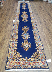 Semi Anique Dark Blue Persian Kerman Runner, 2'7" x 13'5"